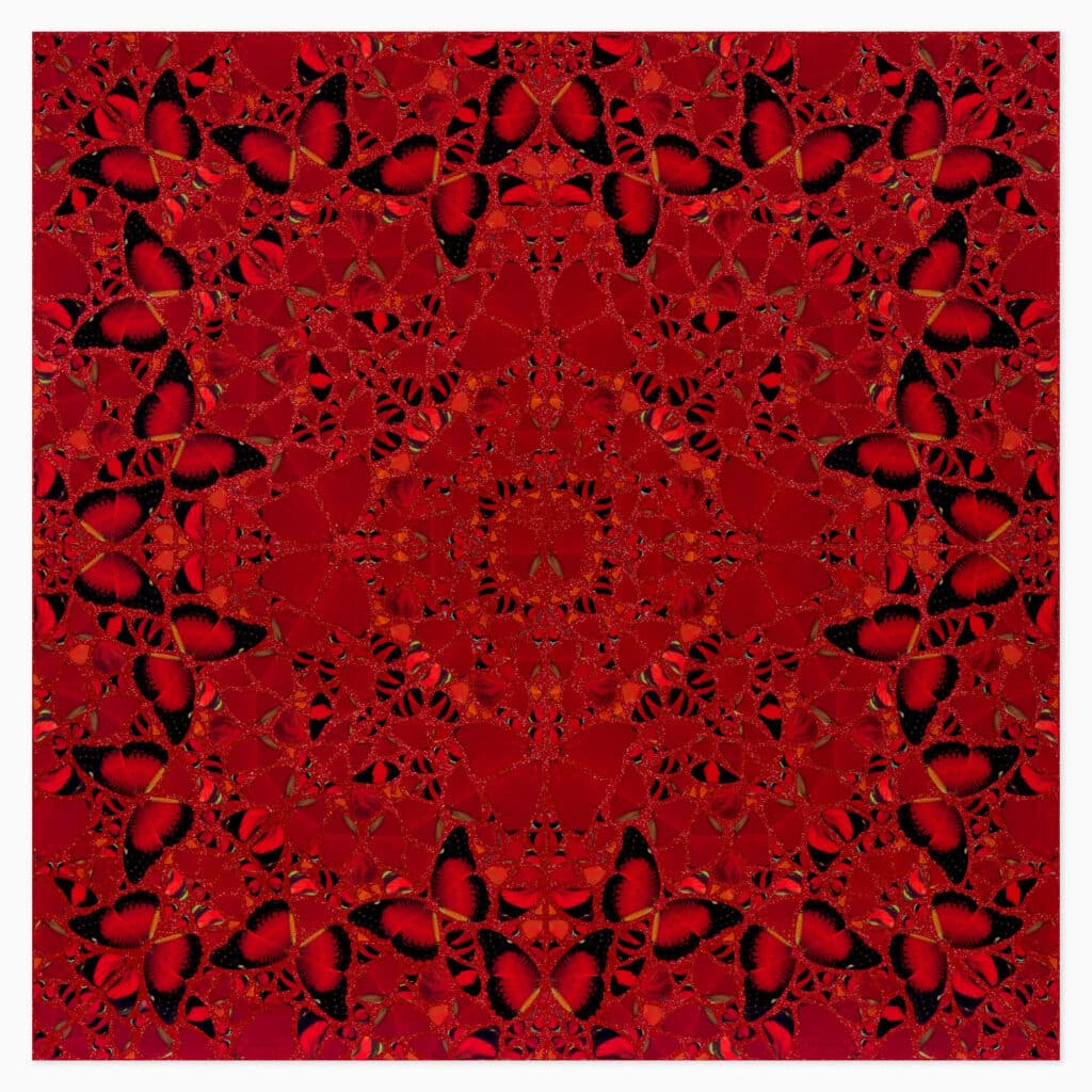 Limited edition Damien Hirst artwork ‘Nur jahan (H10-2)’ featuring abstract, vibrant red butterflies in his signature conceptual style