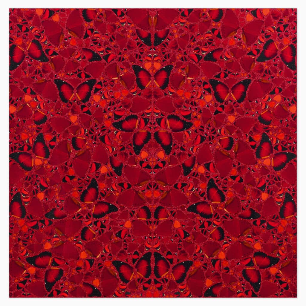 Limited edition Damien Hirst artwork ‘Theodora (H10-3)’ featuring abstract, vibrant red butterflies in his signature conceptual style