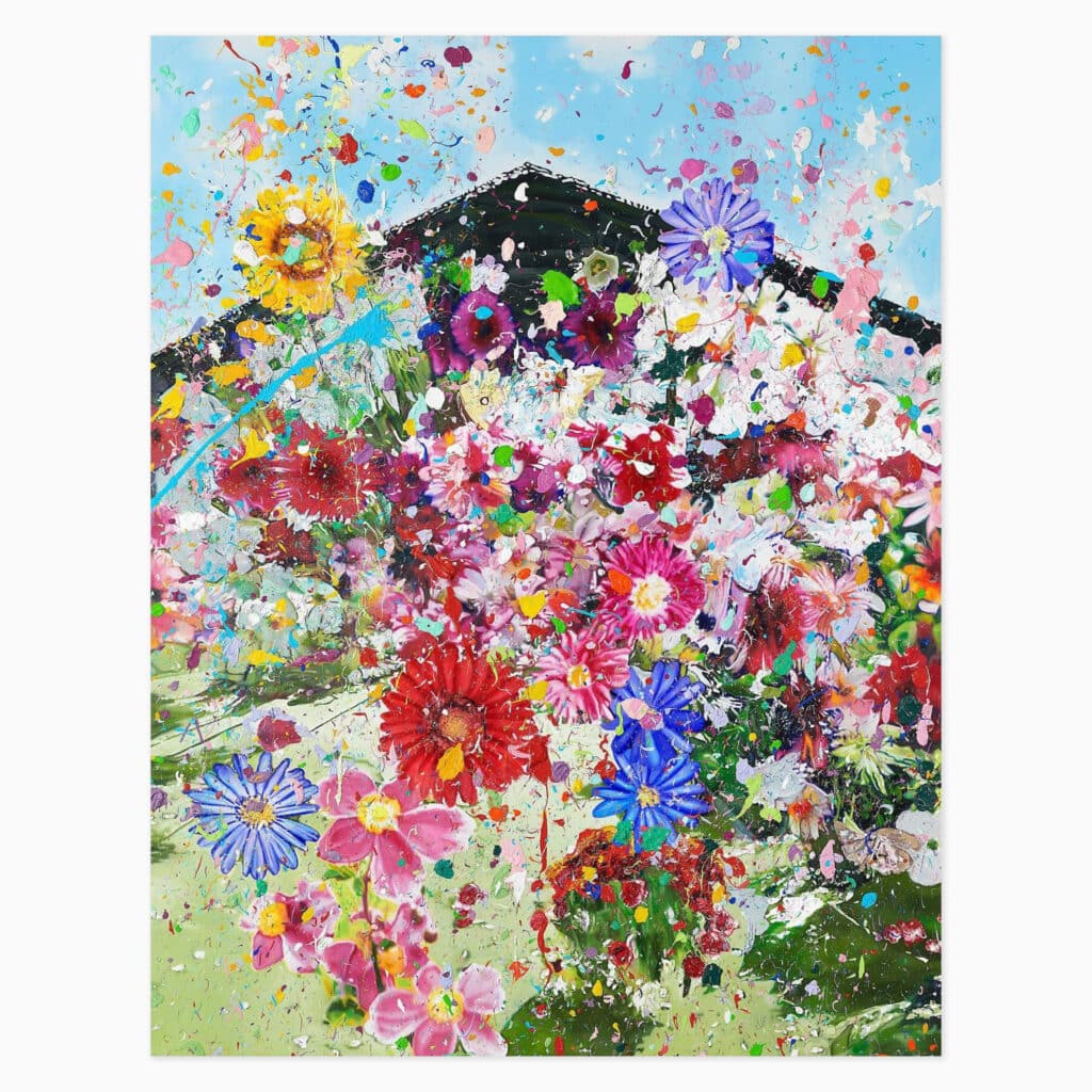 Limited edition Damien Hirst artwork ‘Happiness (H14-2)’ featuring abstract flowers and vibrant gardens in his signature conceptual style