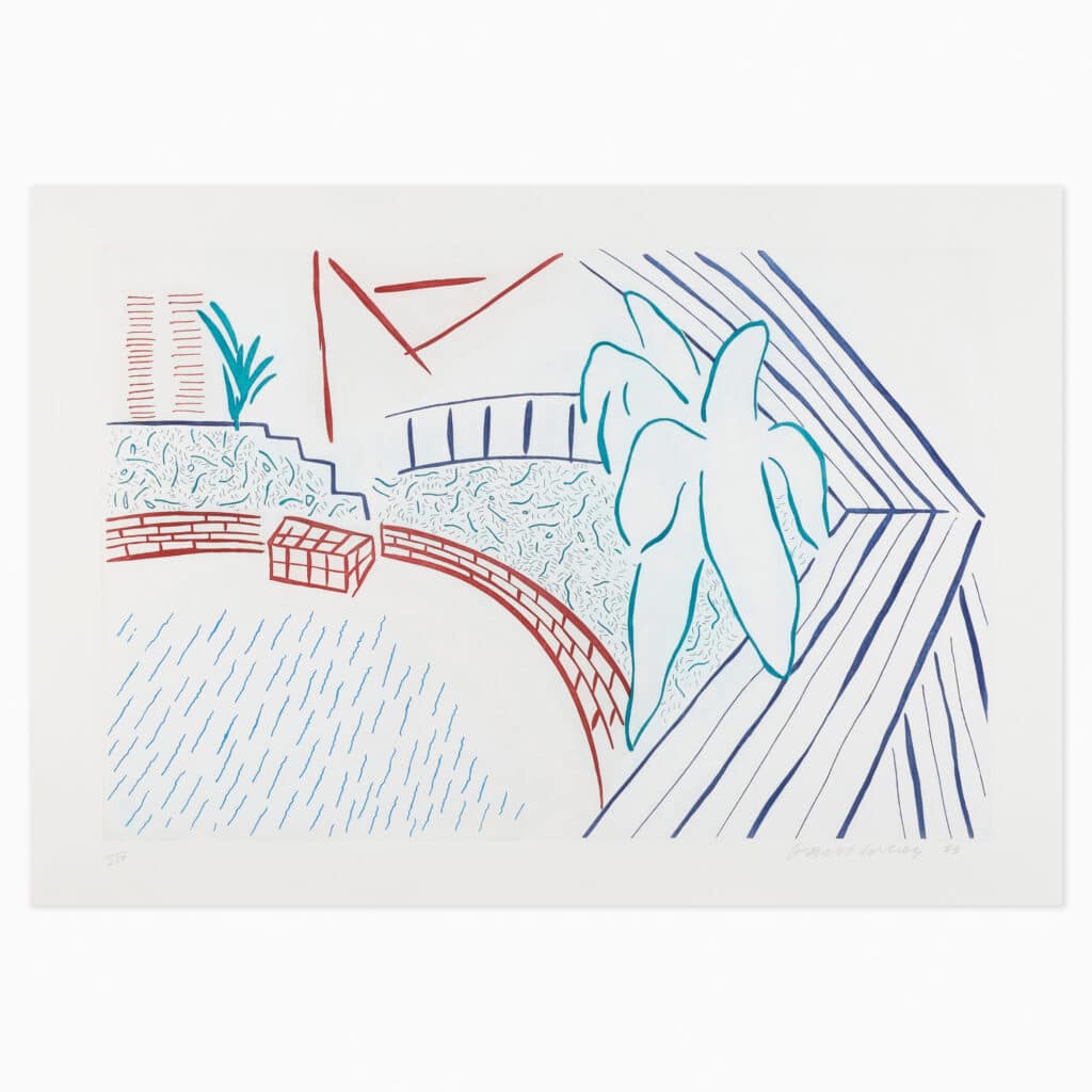 David Hockney limited edition print titled ‘My Pool and Terrace’ showcasing his signature modernist abstraction with architectural and aquatic elements