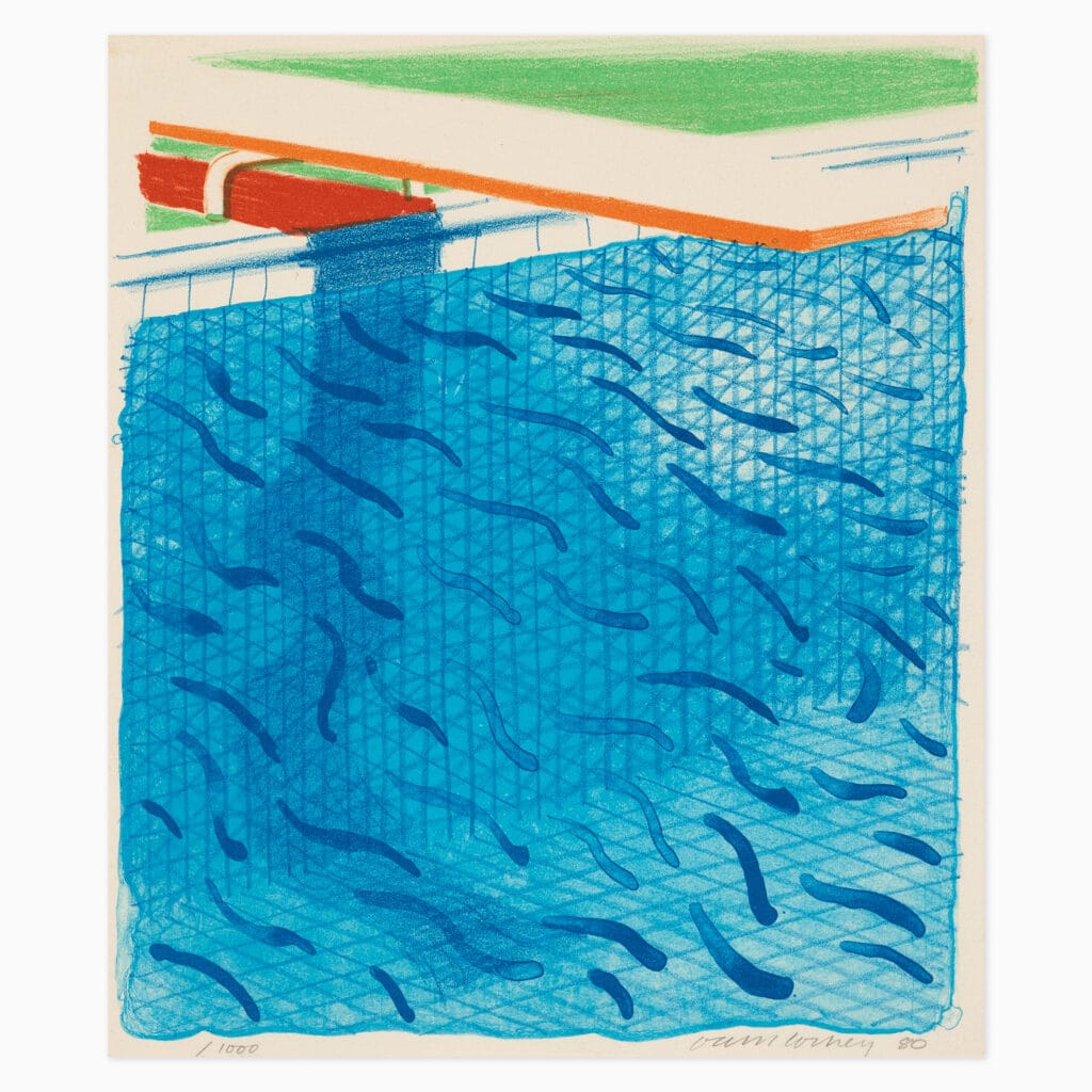 David Hockney limited edition print titled ‘Pool Made With Paper And Blue Ink’ showcasing abstract pool imagery with his signature modernist style