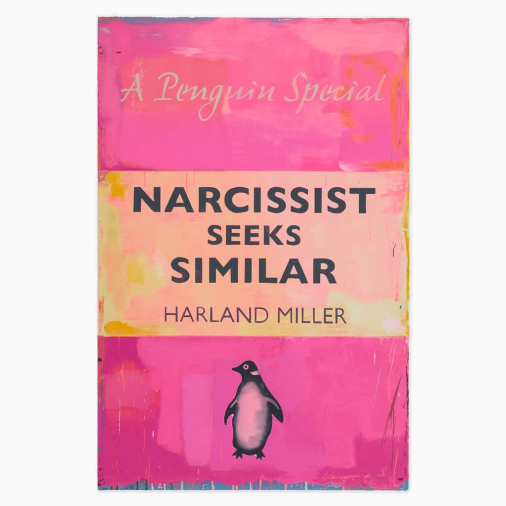 Harland Miller limited edition print titled ‘Narcissist Seeks Similar (Large)’ with graphic text and minimalist composition