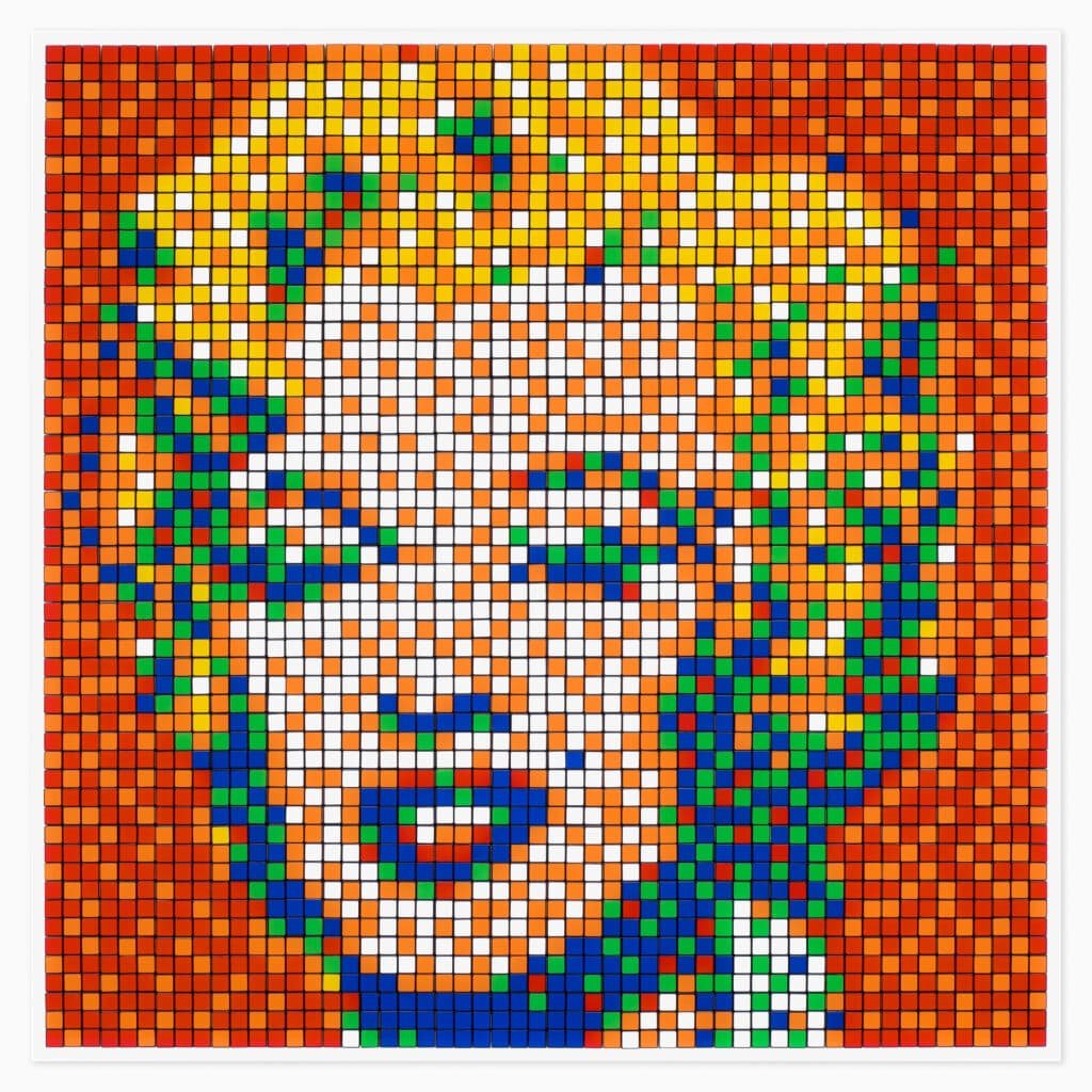 Limited edition Invader artwork ‘Rubik Shot Red Marilyn’ featuring pixelated mosaic imagery of Marilyn Monroe in red tones