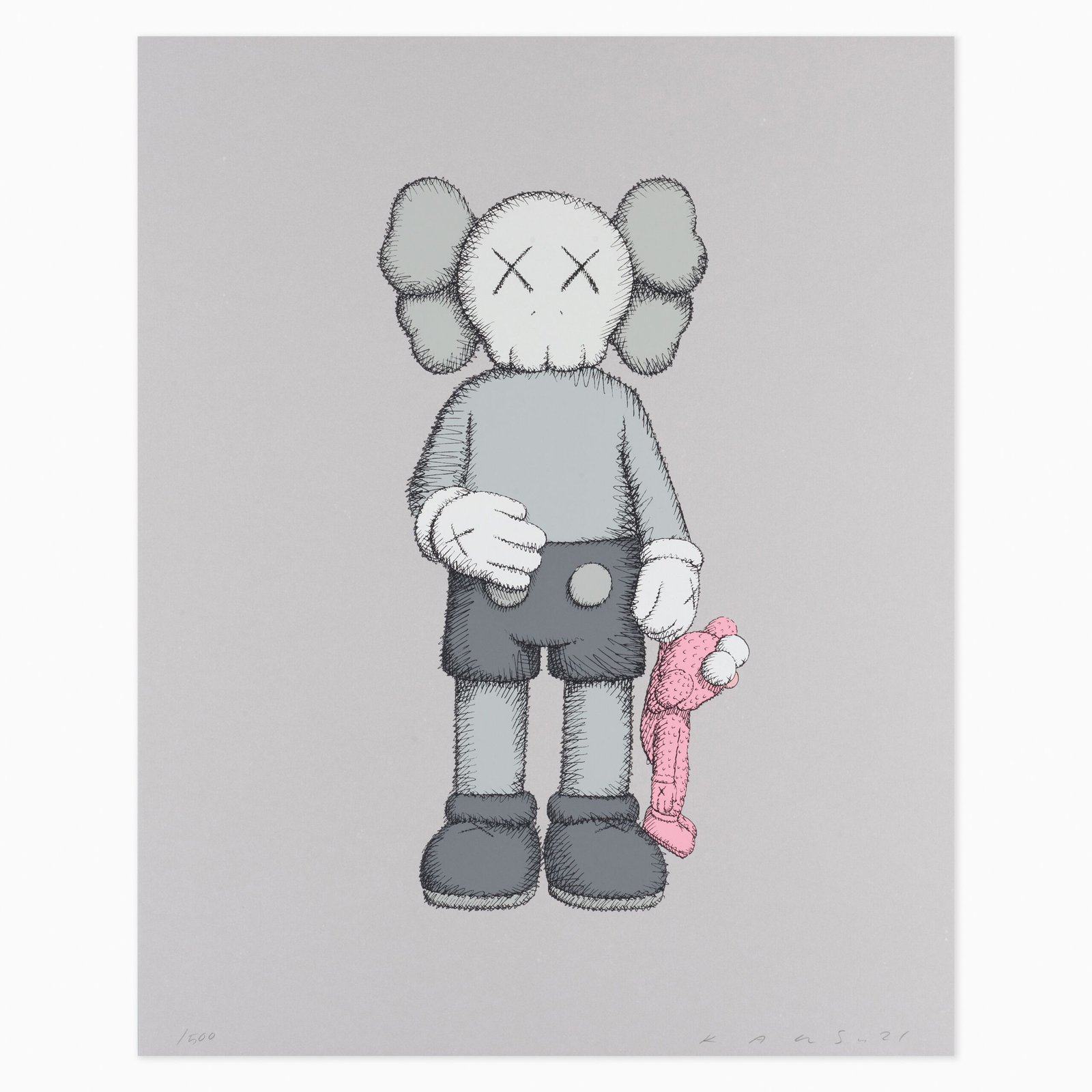 Limited edition KAWS artwork ‘Share’ featuring his signature cartoon-like figure in a contemplative pose with bold graphic style.