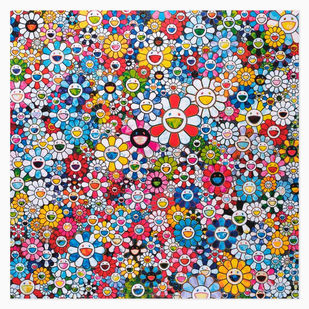 Takashi Murakami limited edition print titled ‘Flowers with Smiley Faces’ showcasing playful, vibrant pop-art floral imagery