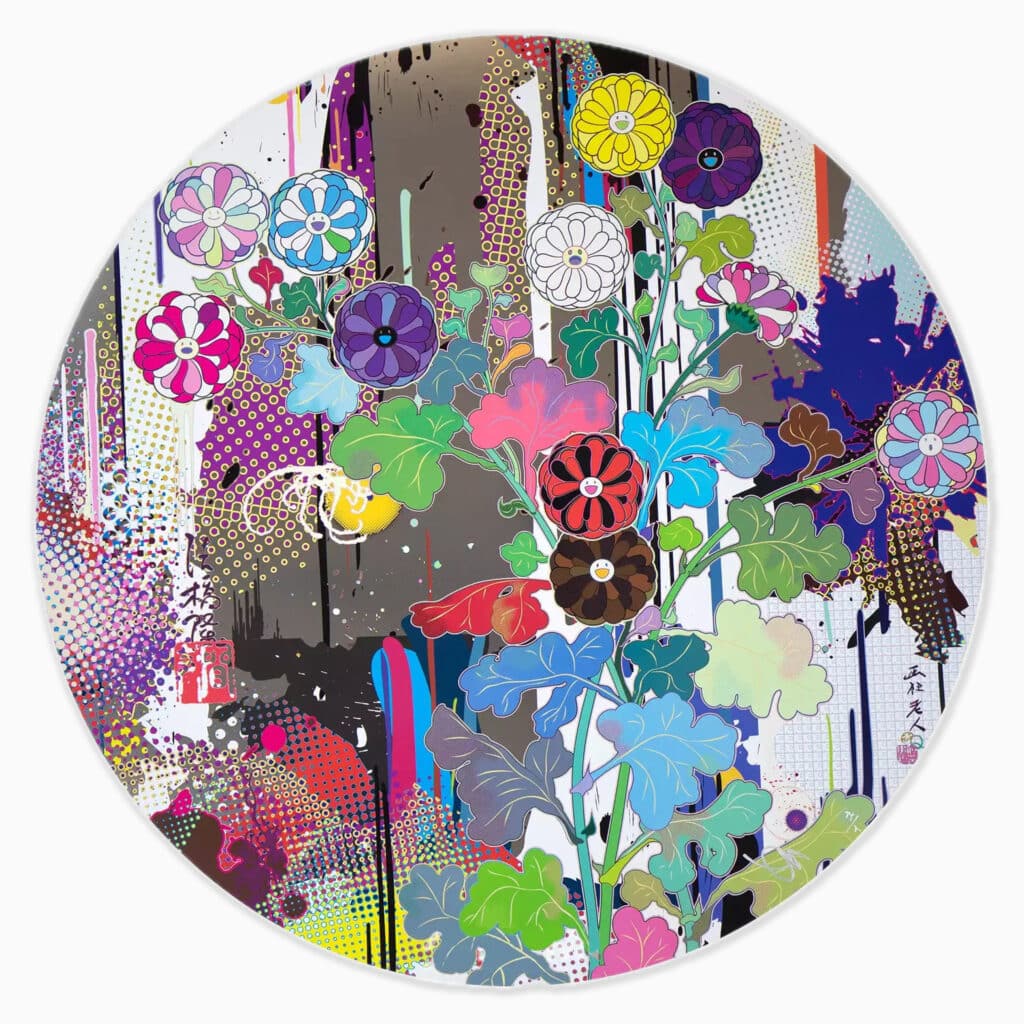 Limited edition Takashi Murakami artwork ‘Korin: Superstring Theory’ featuring vibrant, layered pop-art imagery with abstract motifs and dynamic patterns.