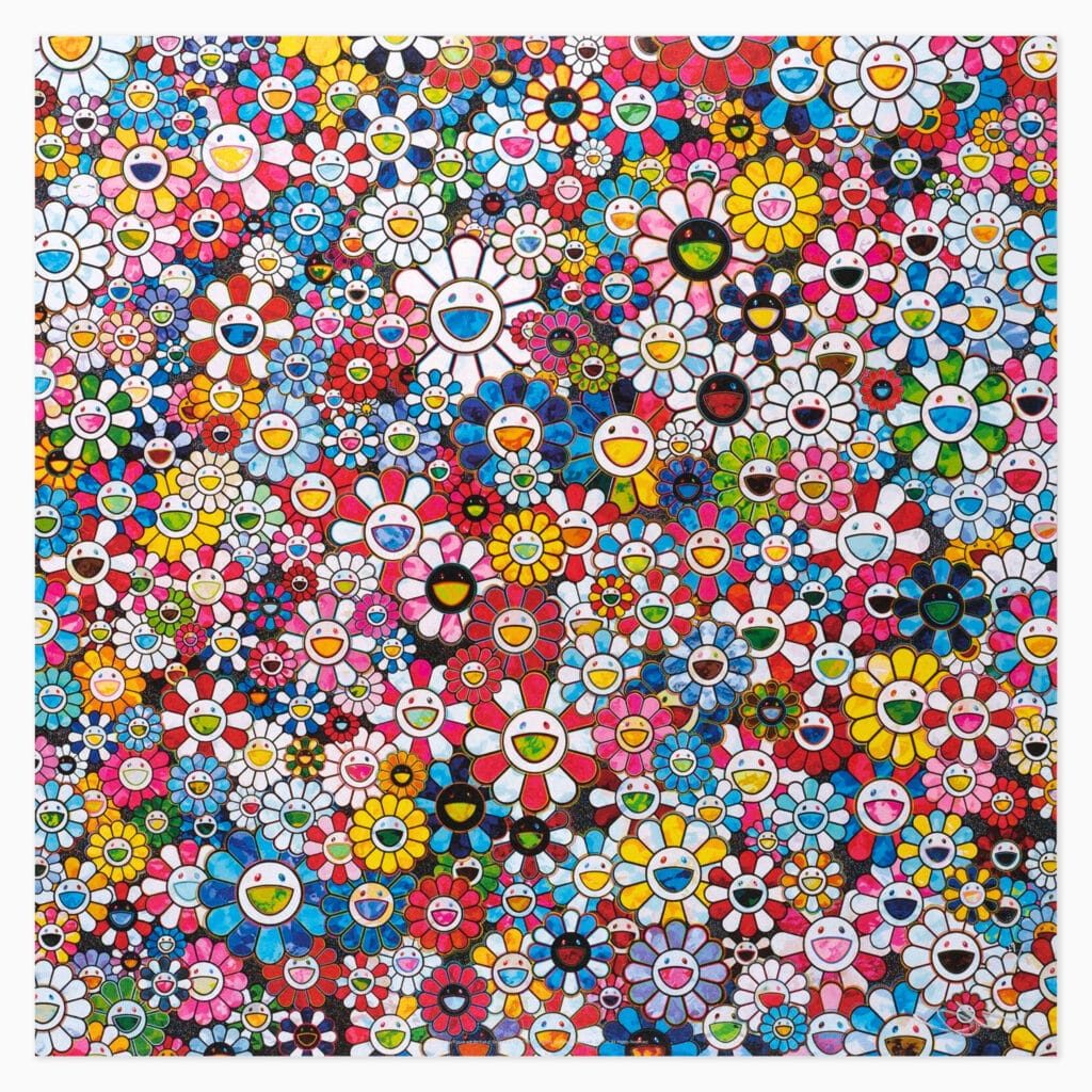 Takashi Murakami limited edition print titled ‘Flowers with Smiley Faces’ showcasing playful, vibrant pop-art floral imagery