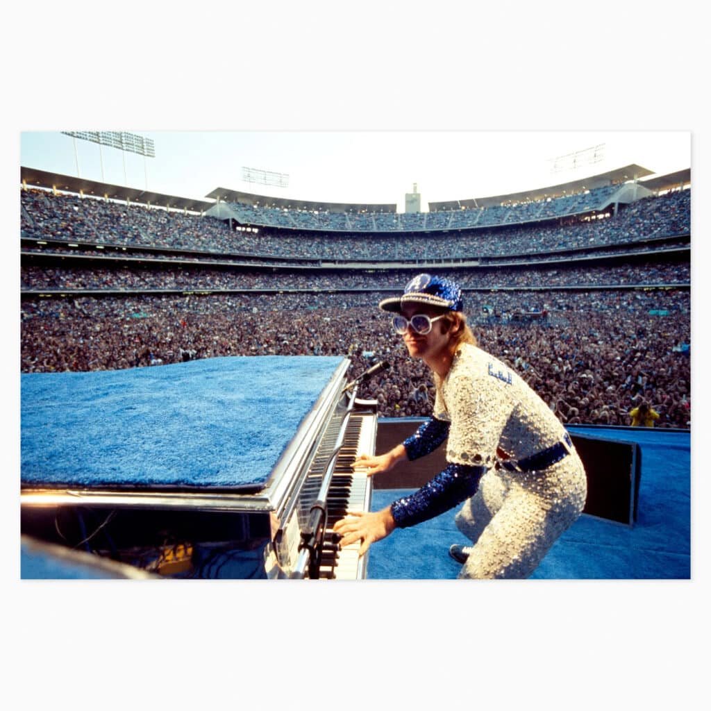 Terry O’Neill limited edition print titled ‘Elton John at Dodger Stadium’ depicting the iconic performer on stage in classic photographic style