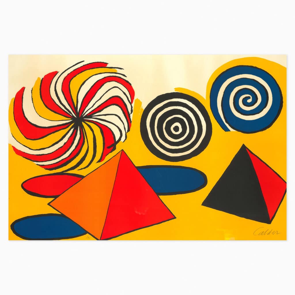 Limited edition Alexander Calder artwork ‘Spirals and Pyramids’, 1970, featuring colourful abstract geometric forms in dynamic balance