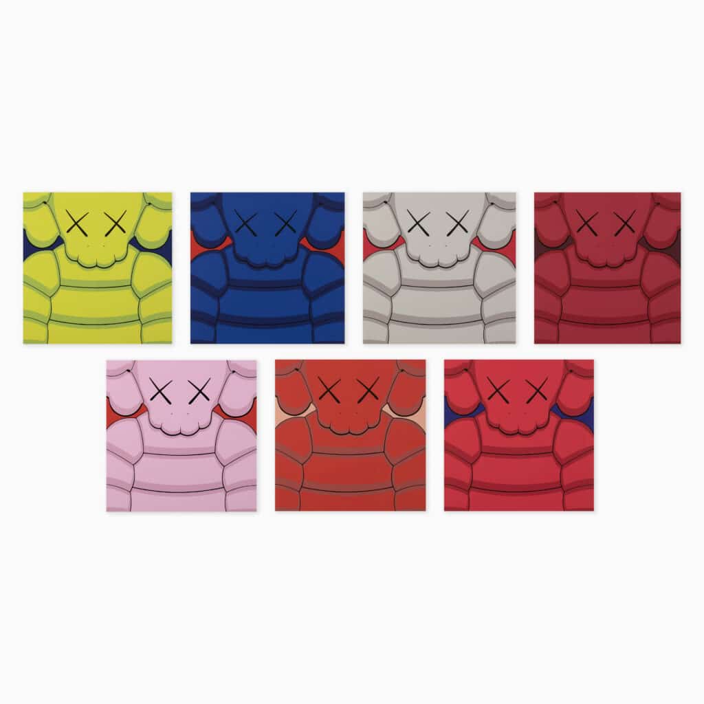 Limited edition KAWS artwork ‘What Party (Complete Set)’ featuring 7 of his signature cartoon-like figures in bold graphic style