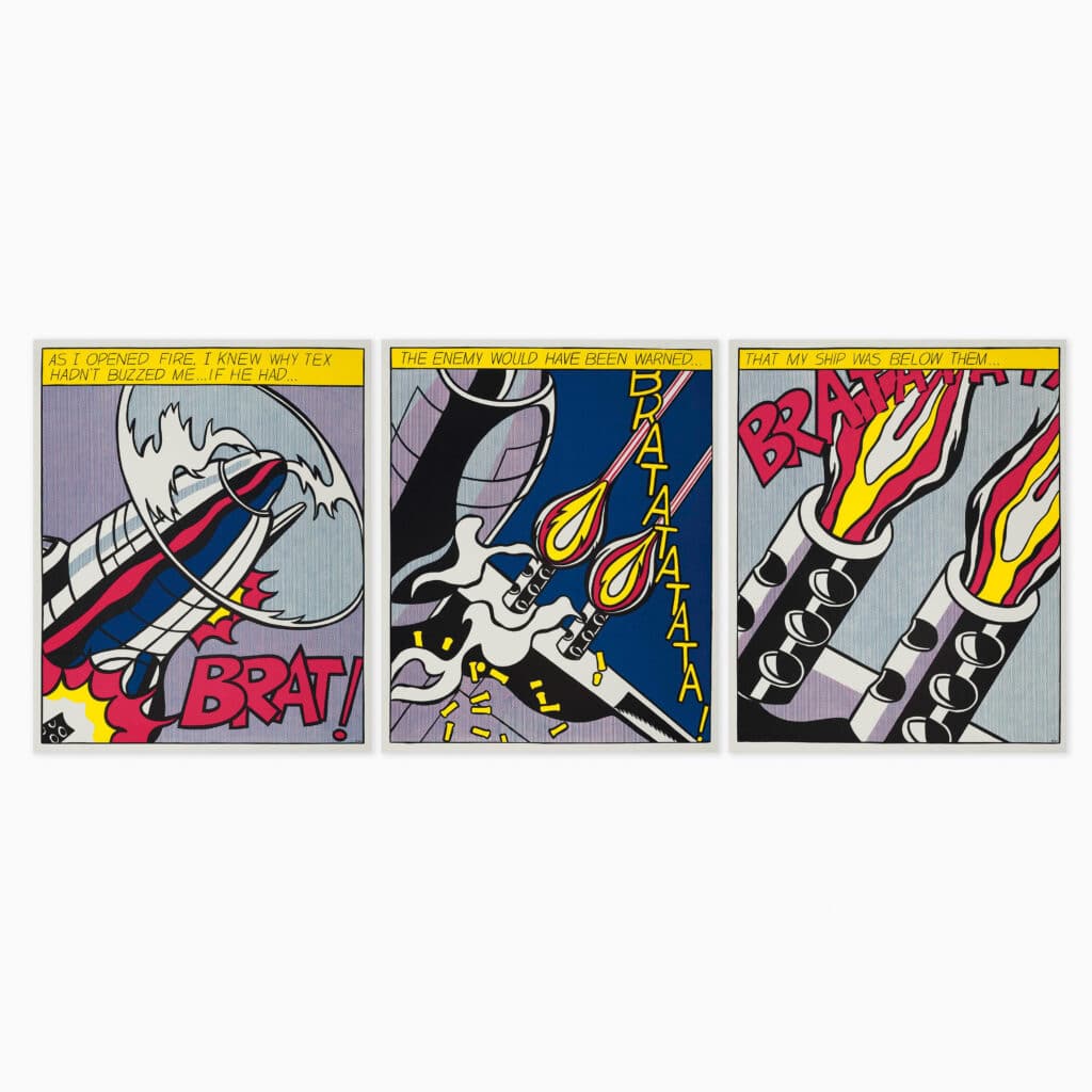Limited edition Roy Lichtenstein artwork ‘As I Opened Fire’ featuring bold comic-style lines and vibrant pop-art colours depicting an aerial battle sequence