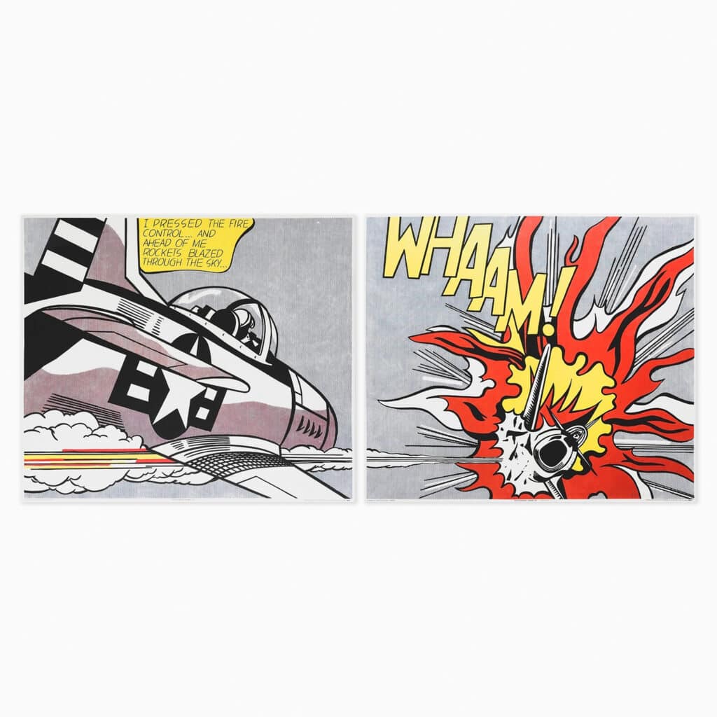 Limited edition Roy Lichtenstein artwork ‘WHAAM!’, 1963–1982, featuring bold comic-style lines and vibrant pop-art colours depicting an aerial battle scene