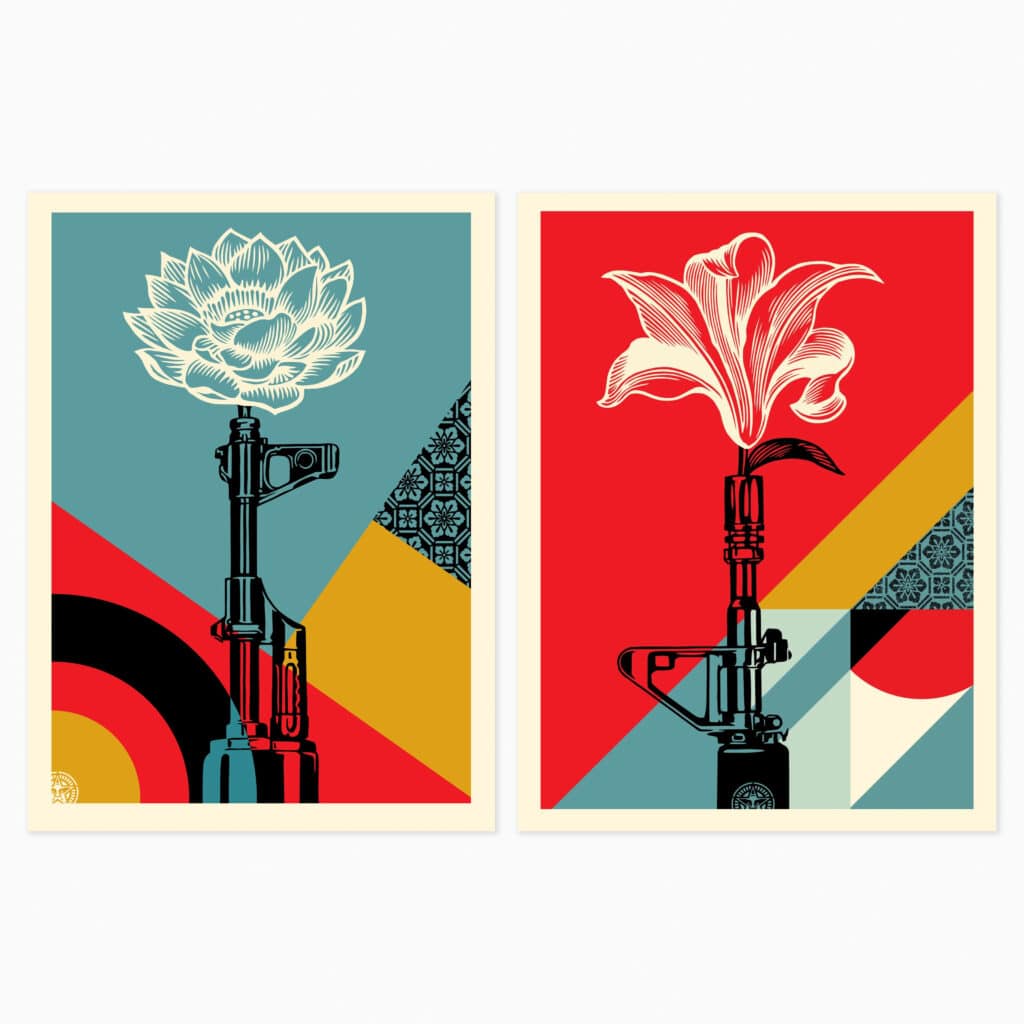 Limited edition Shepard Fairey artwork ‘AK-47 Lotus & AR-15 Lily’ featuring floral motifs combined with stylised firearms in bold graphic design