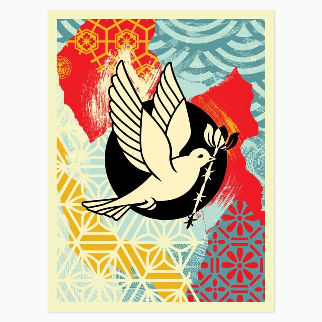 Limited edition Shepard Fairey artwork ‘Barb Wire Dove’ featuring a dove wrapped in barbed wire with bold graphic design