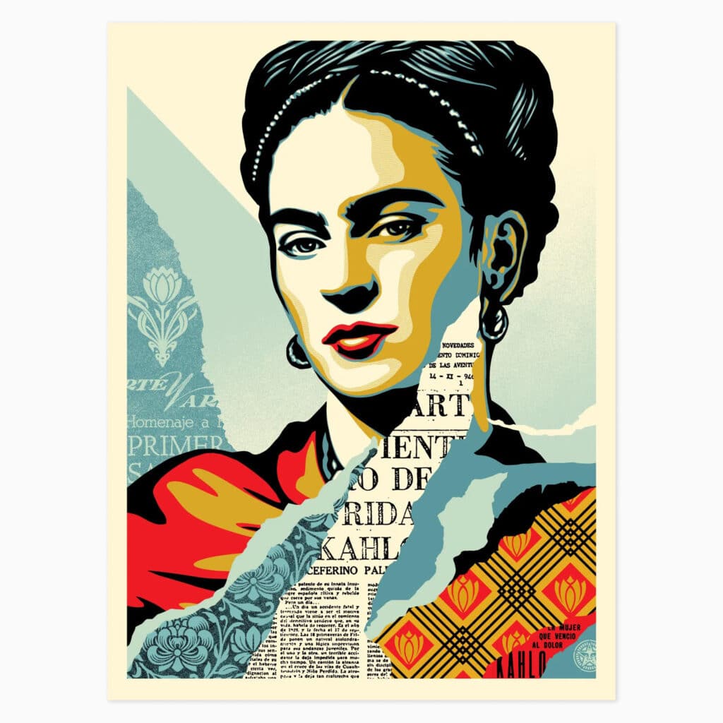 Limited edition Shepard Fairey artwork ‘The Woman Who Defeated Pain’ featuring a powerful Frida Khalo portrait with bold graphic design
