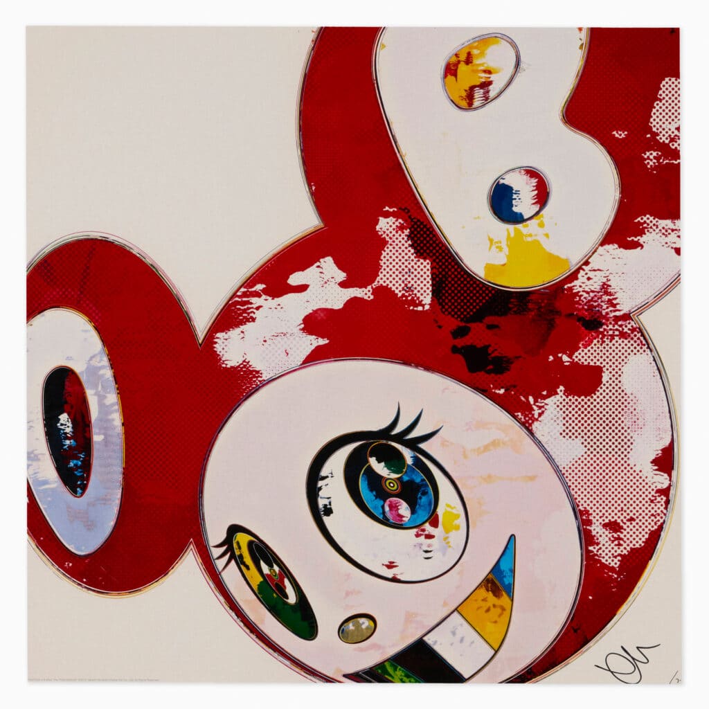 Limited edition Takashi Murakami artwork ‘And Then x 6 (Red: The Polke Method)’, 2013, featuring his signature smiling flower motifs in vibrant red.