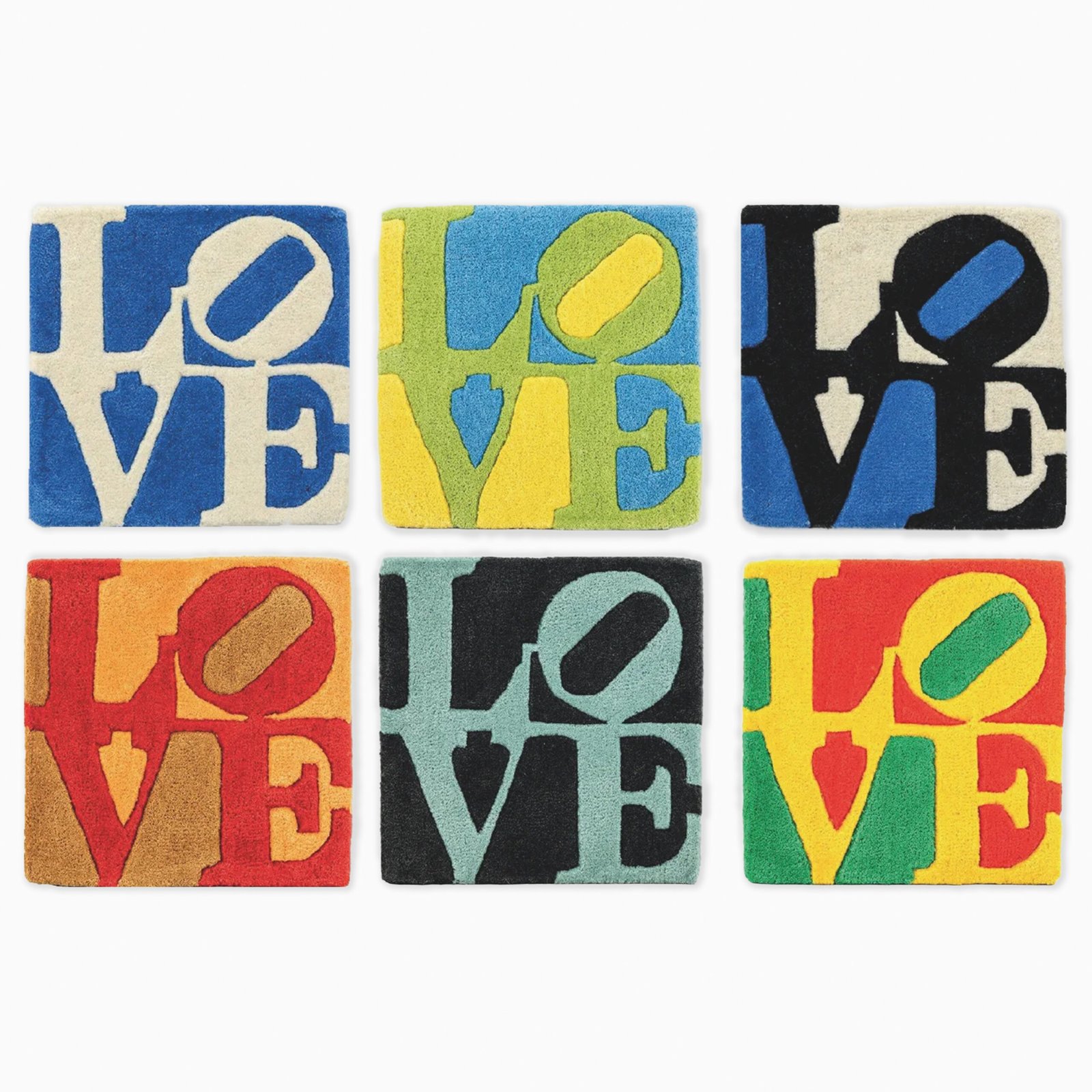 Limited edition Robert Indiana artwork ‘Collection of 6 Hand-Woven Love’ featuring his iconic LOVE motif in a series of six woven designs