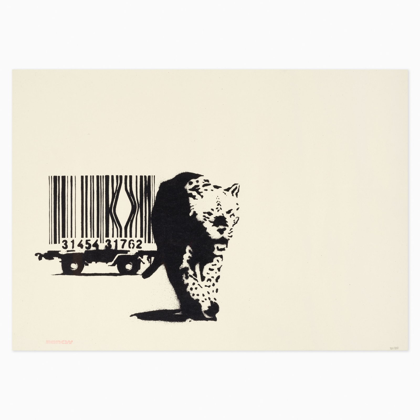 Limited edition Banksy artwork ‘Barcode’ featuring stencil-style imagery of a cheetah and barcode with social and political commentary