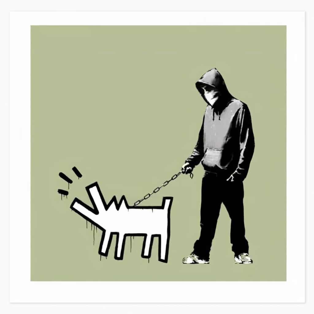 Limited edition Banksy artwork ‘Choose Your Weapon (Olive)’ featuring stencil-style imagery with Keith haring dog