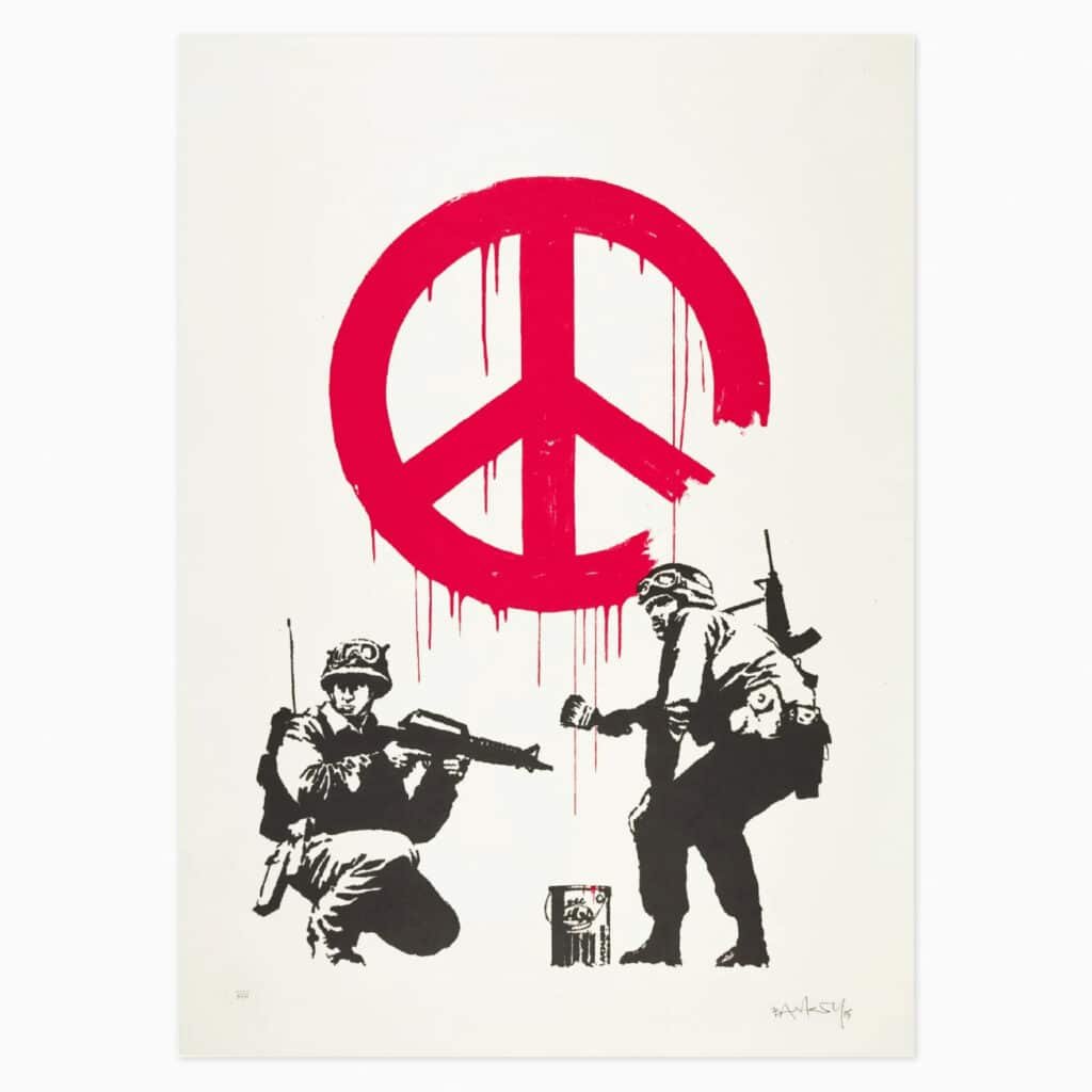 Limited edition Banksy artwork ‘CND Soldiers’ featuring stencil-style soldiers and anti-war imagery.