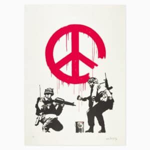 Limited edition Banksy artwork ‘CND Soldiers’ featuring stencil-style soldiers and anti-war imagery.