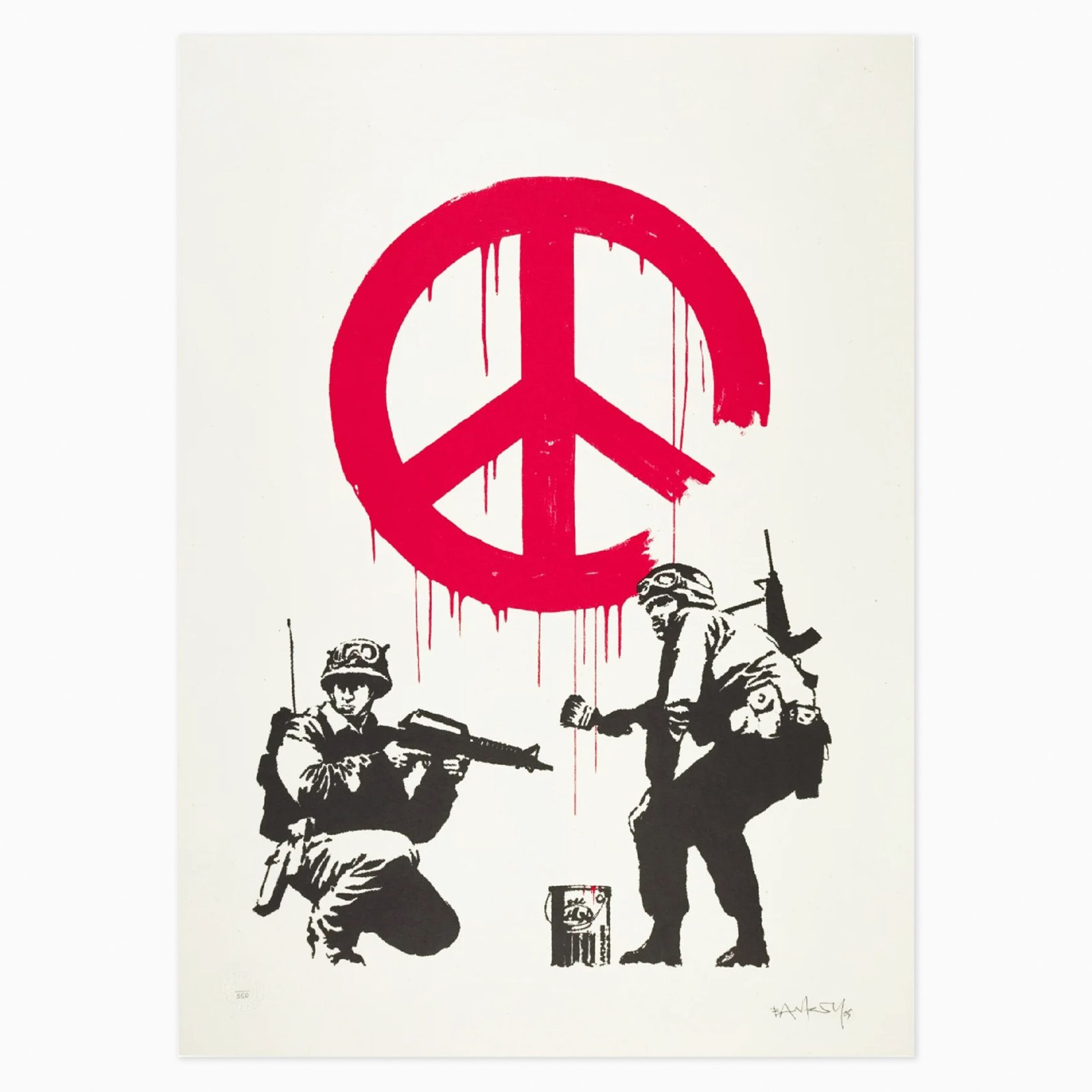 Limited edition Banksy artwork ‘CND Soldiers’ featuring stencil-style soldiers and anti-war imagery.