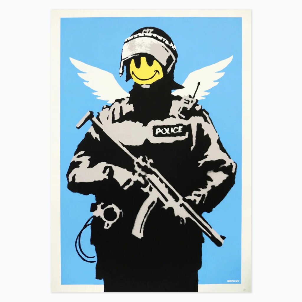 Limited edition Banksy artwork ‘Flying Copper’ featuring stencil-style imagery of a flying police officer with satirical commentary.