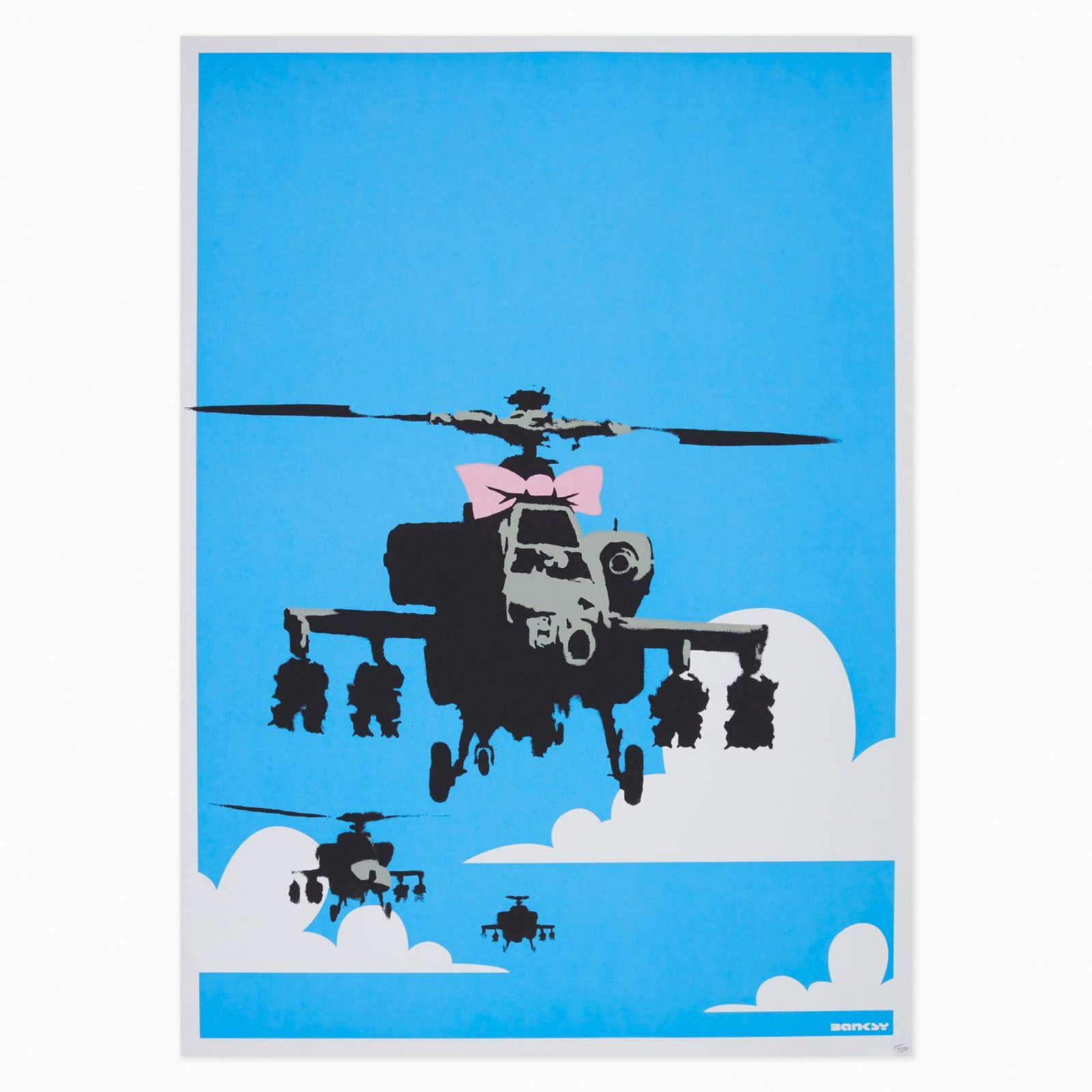 Limited edition Banksy artwork ‘Happy Choppers (Unsigned)’ featuring stencil-style imagery of helicopters with satirical or political commentary.
