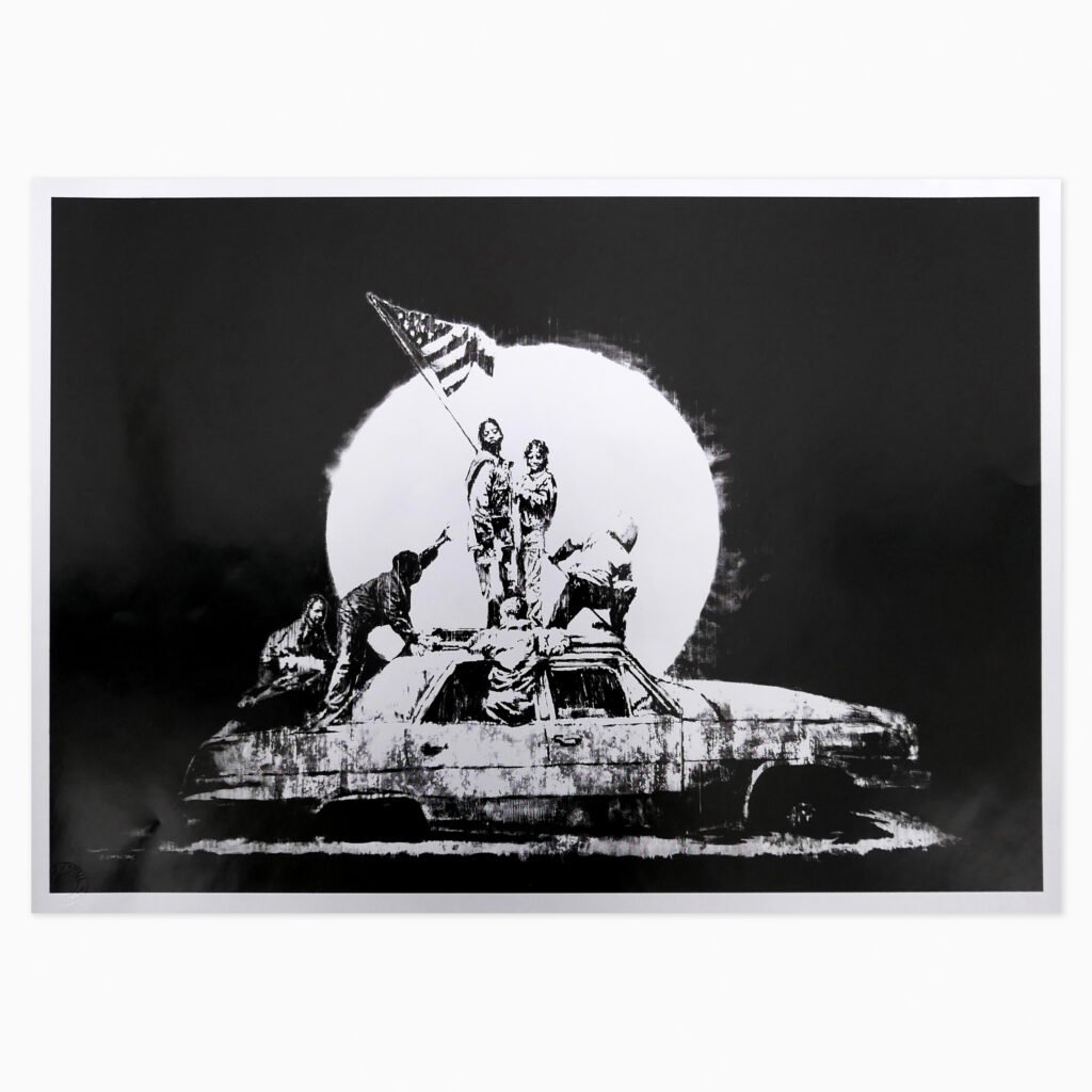Limited edition Banksy artwork ‘Flag (Unsigned)’ featuring stencil-style imagery with political commentary.