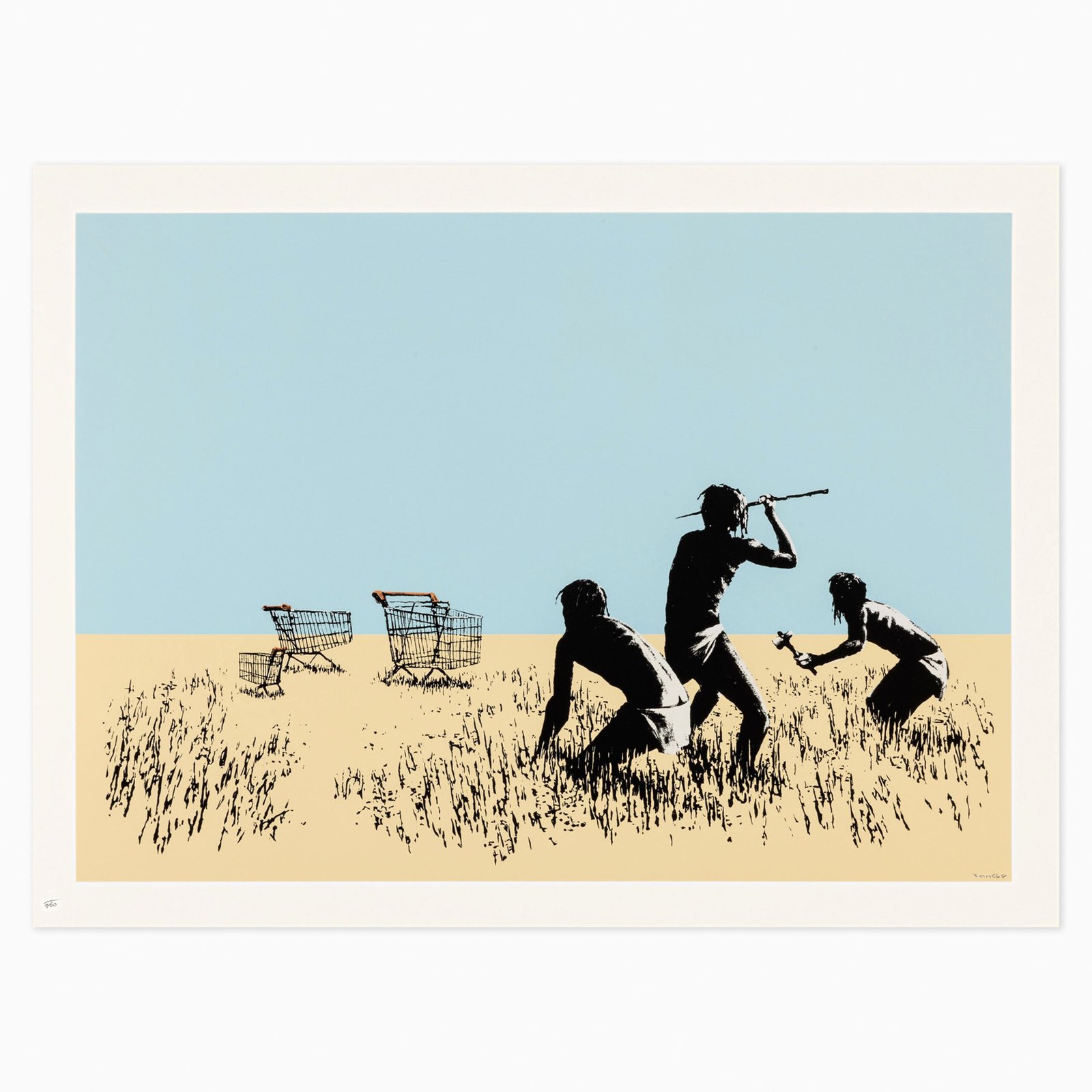 Banksy limited edition print titled ‘Trolleys’, using his stark stencil-style imagery and social commentary.