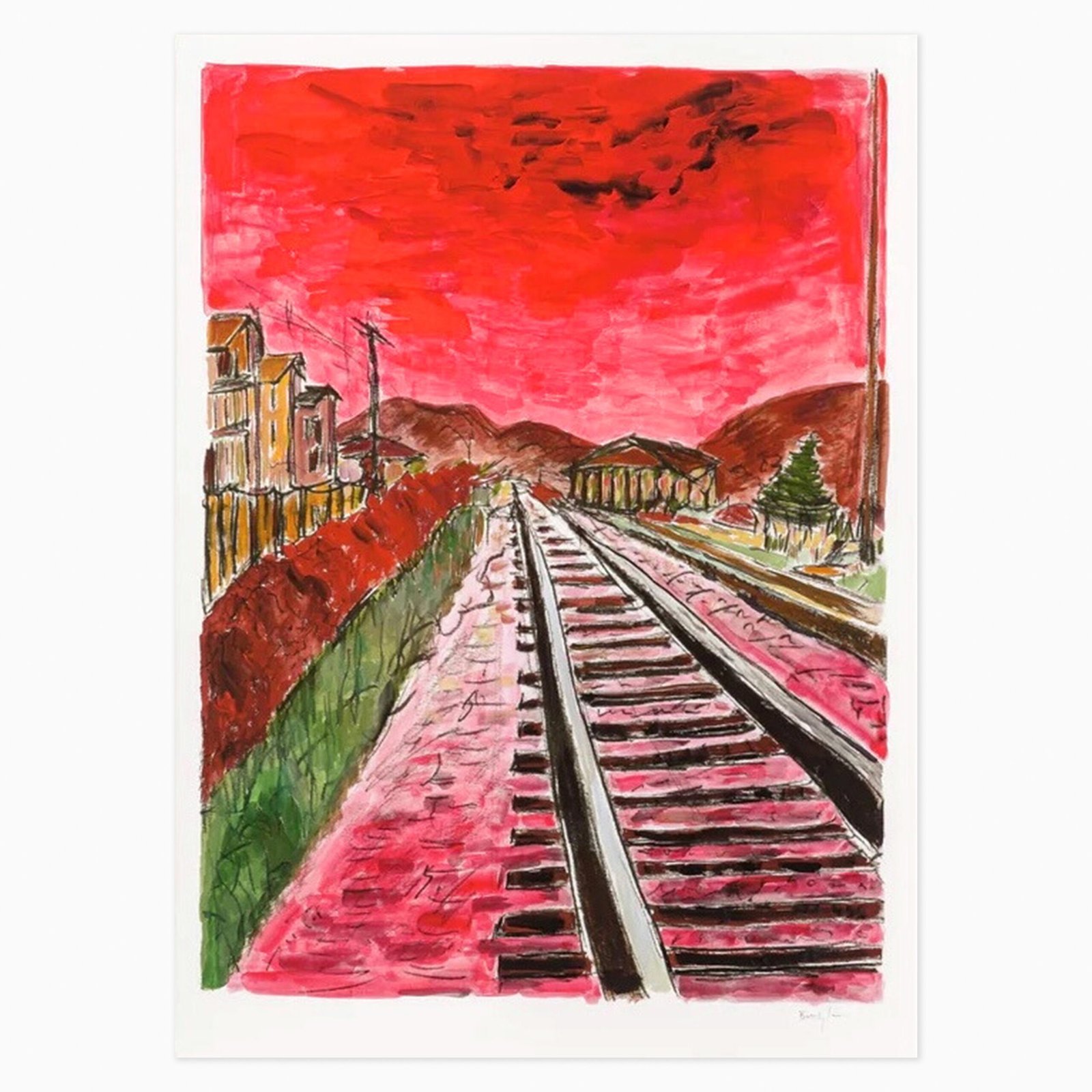 Limited edition Bob Dylan artwork ‘Train Tracks’ featuring a moody urban or railway scene in painterly style.