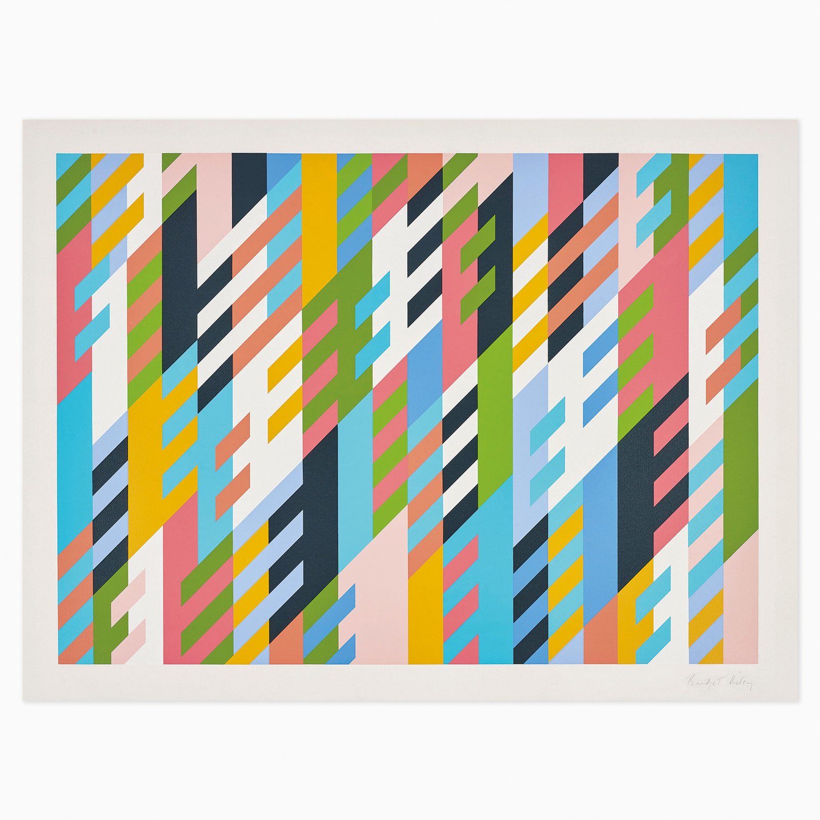 Limited edition Bridget Riley artwork ‘New Day’ featuring rhythmic geometric patterns and op art movement.