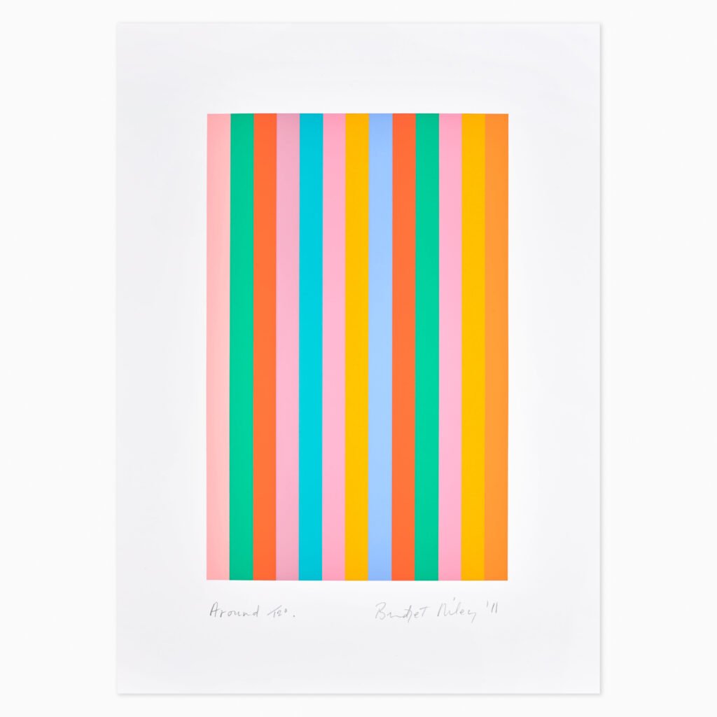 Limited edition Bridget Riley artwork ‘Around’ featuring rhythmic geometric patterns and optical movement.