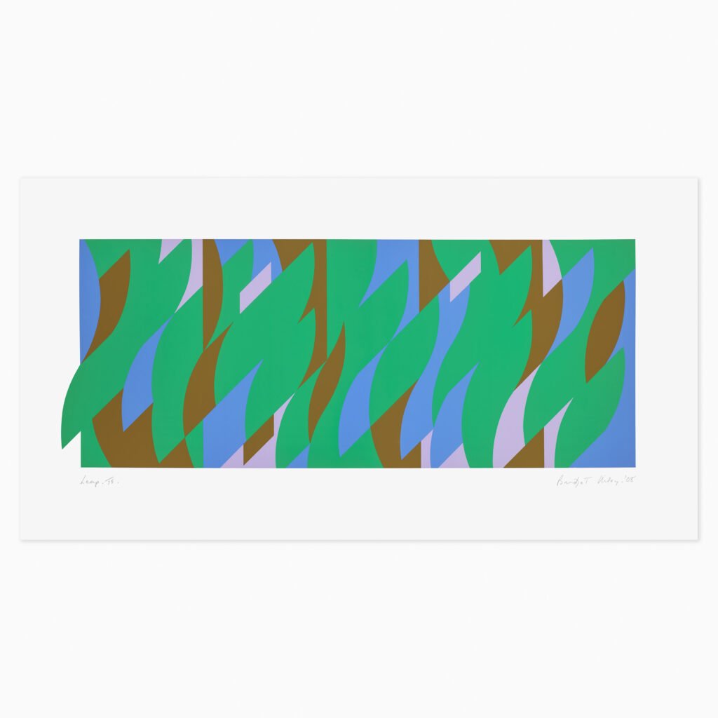 Limited edition Bridget Riley artwork ‘Leap’ featuring rhythmic geometric patterns and op art movement.