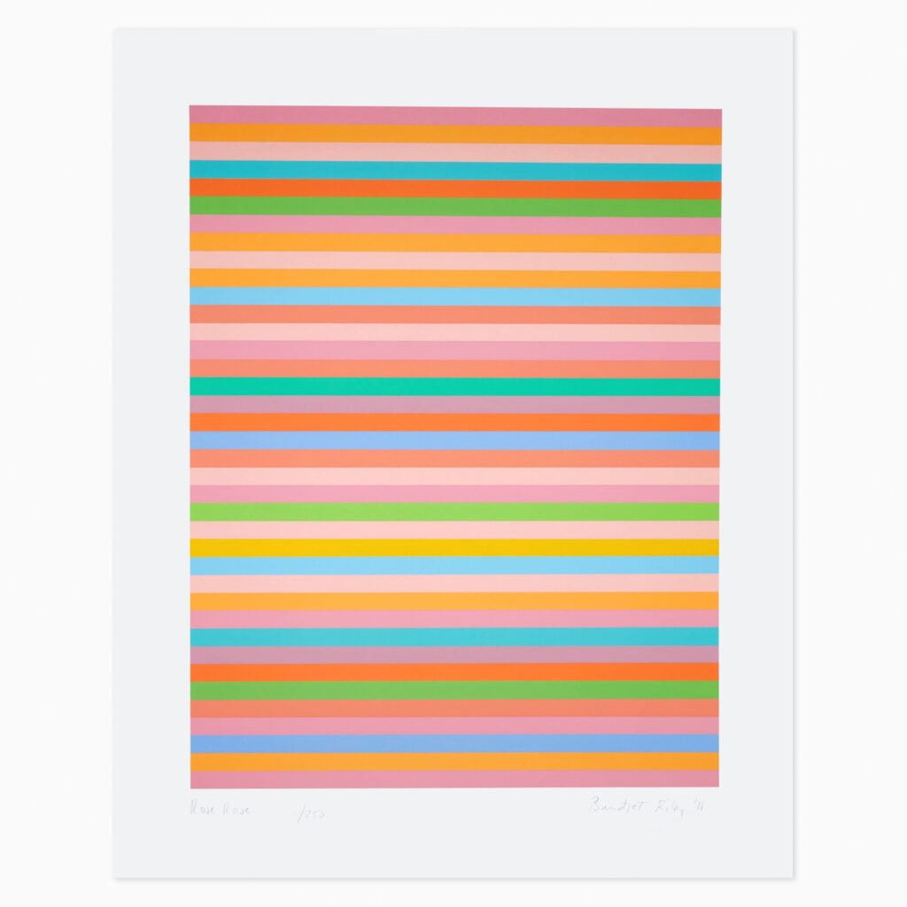 Limited edition Bridget Riley artwork ‘Rose Rose’ featuring rhythmic geometric patterns and optical movement.