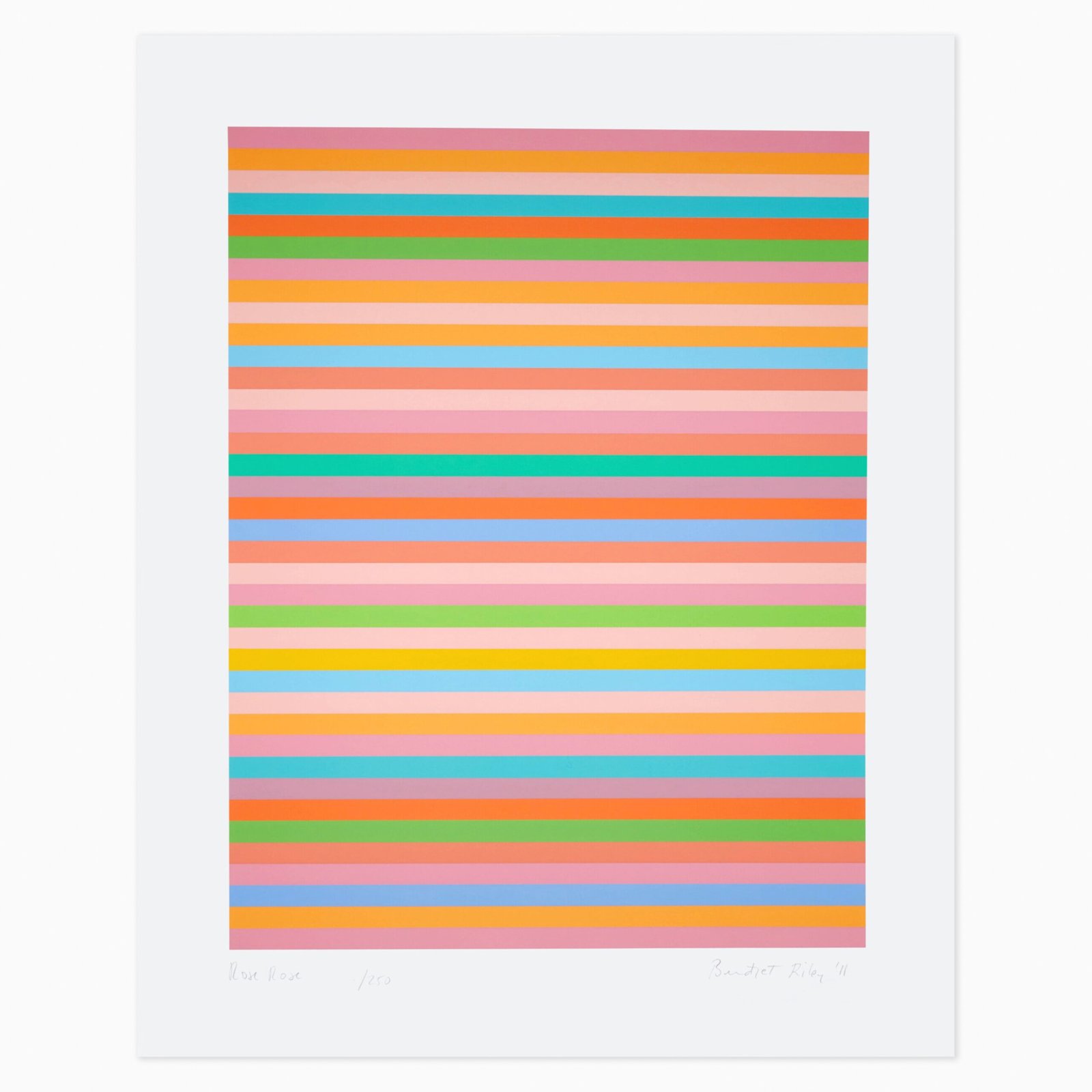 Limited edition Bridget Riley artwork ‘Rose Rose’ featuring rhythmic geometric patterns and optical movement.