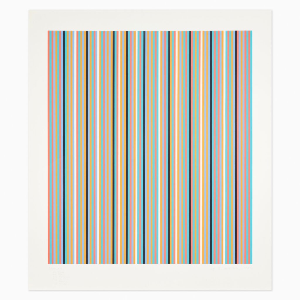 Limited edition Bridget Riley op-art print titled ‘Silvered 2’, featuring rhythmic colourful geometric line patters.