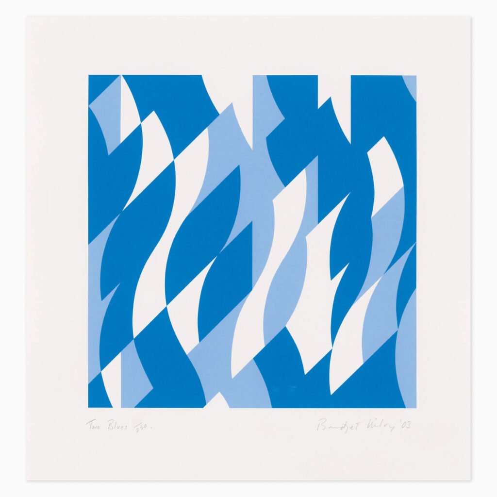 Limited edition Bridget Riley artwork ‘Two Blues’ featuring rhythmic geometric patterns and optical movement in shades of blue.