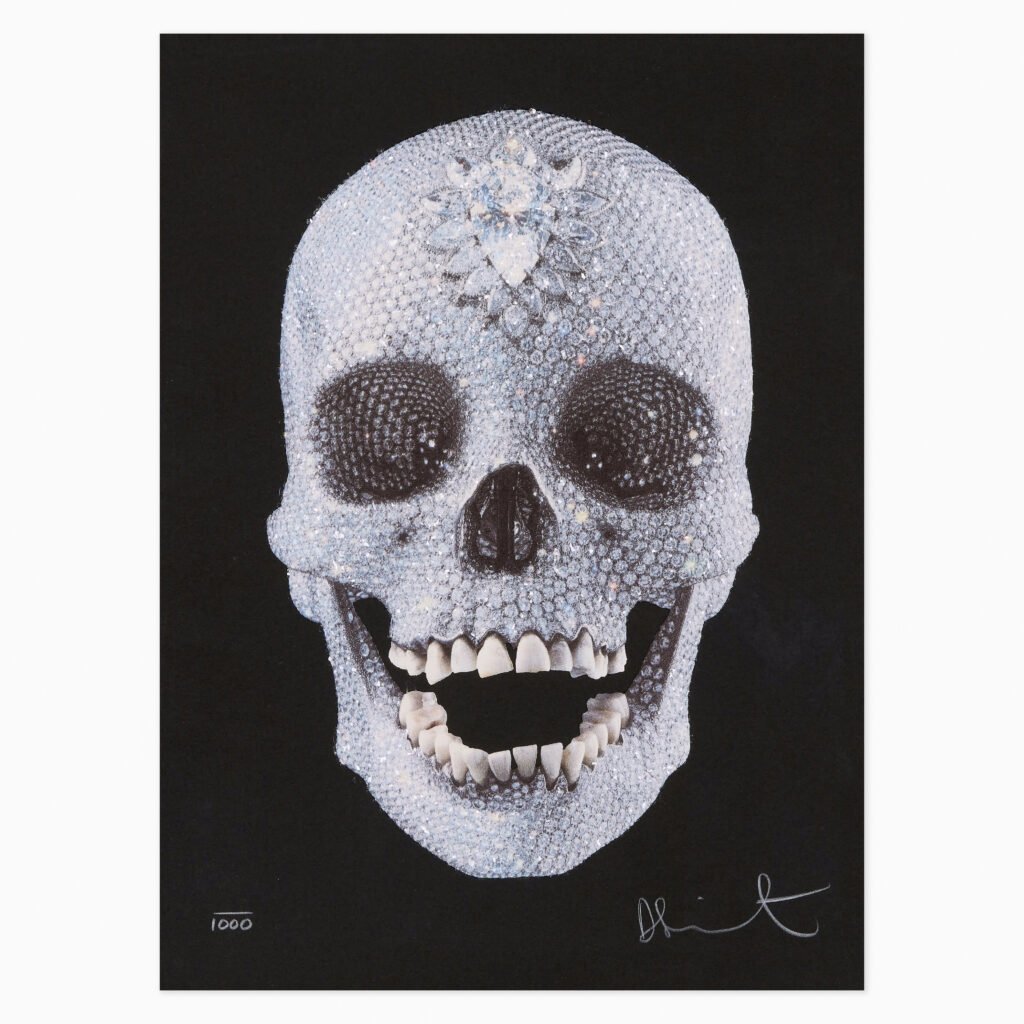 Limited edition Damien Hirst artwork ‘For the Love of God’ featuring the iconic diamond-encrusted skull motif.