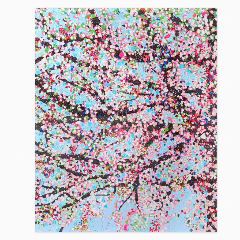 Limited edition Damien Hirst artwork ‘loyalty’ featuring abstract forms and vibrant, dynamic cherry blossoms