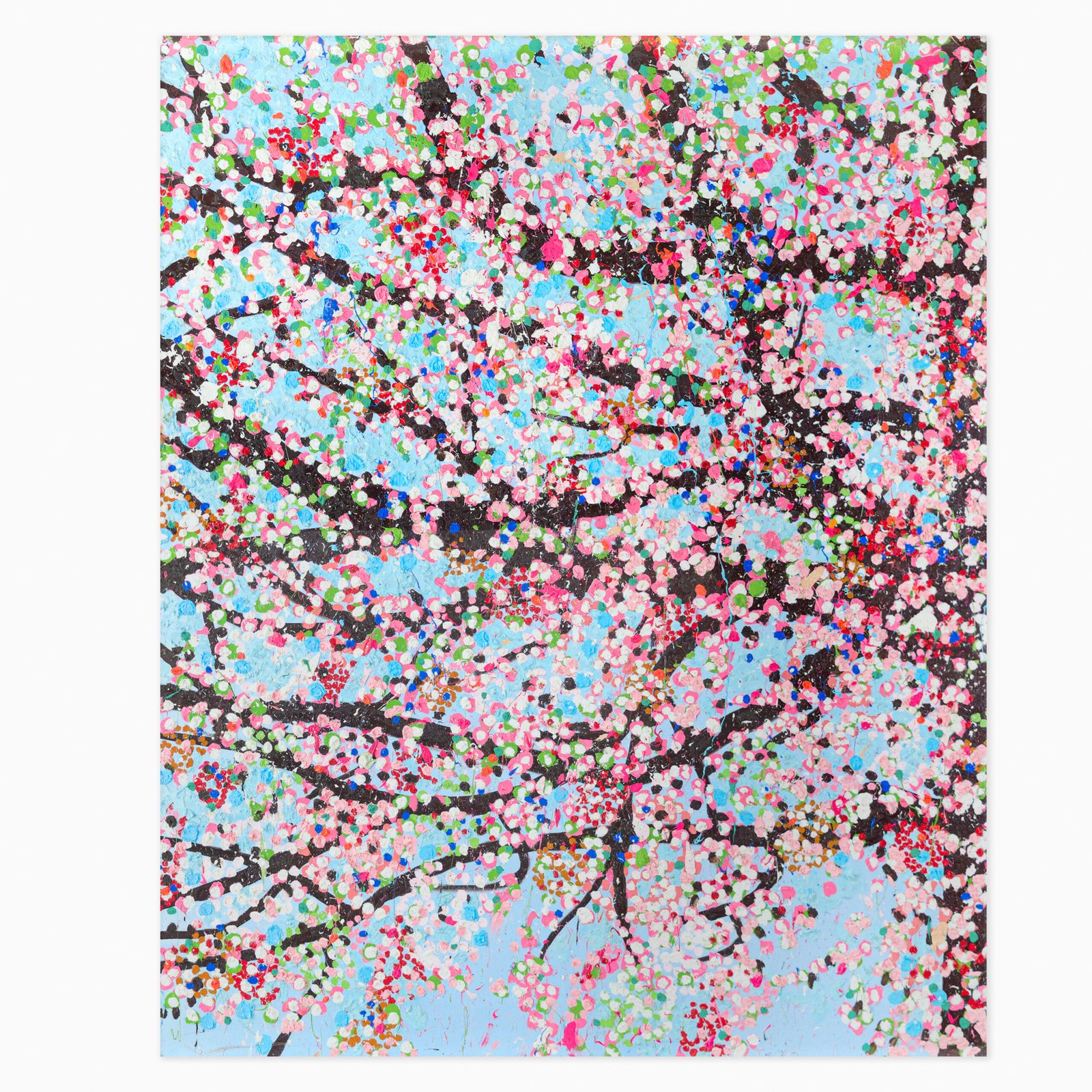 Limited edition Damien Hirst artwork ‘loyalty’ featuring abstract forms and vibrant, dynamic cherry blossoms