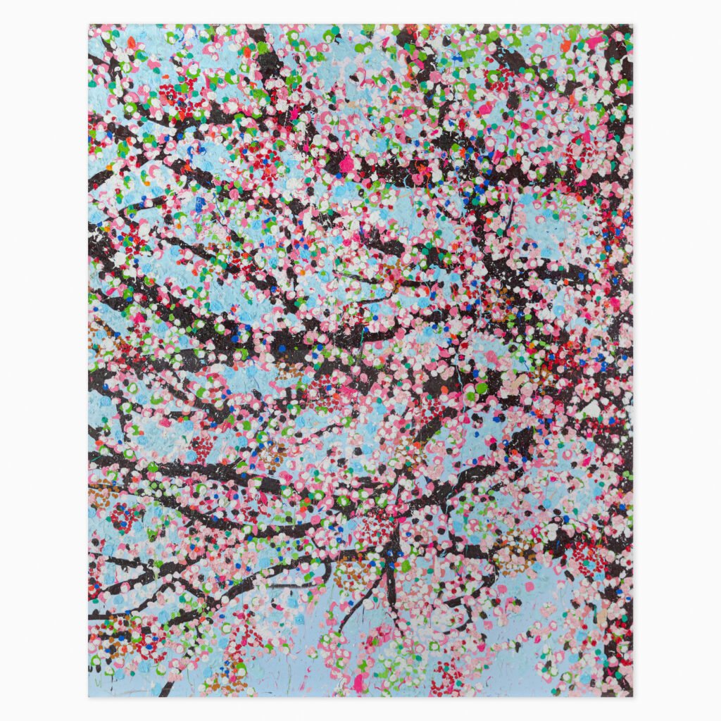 Limited edition Damien Hirst artwork ‘loyalty’ featuring abstract forms and vibrant, dynamic cherry blossoms