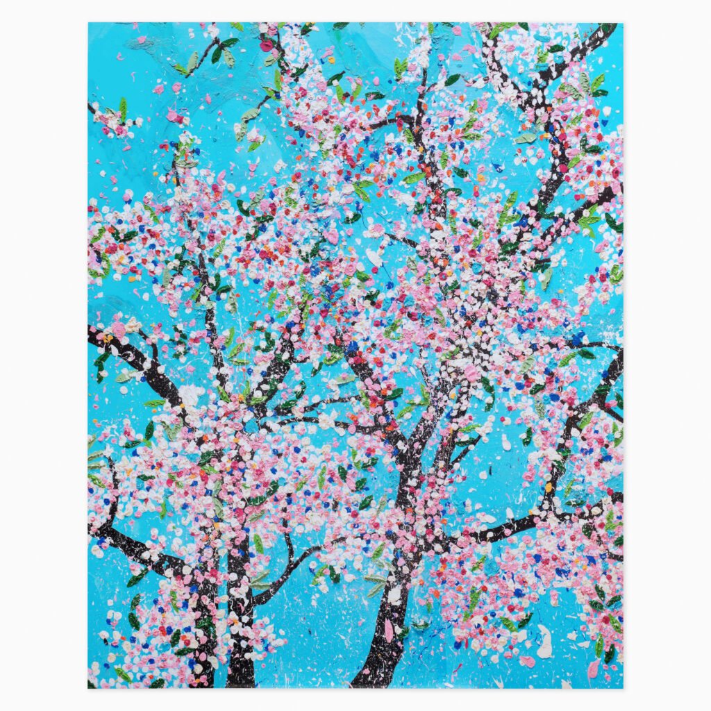 Limited edition Damien Hirst artwork ‘Politeness’ featuring abstract cherry blossoms and vibrant, dynamic colour composition.