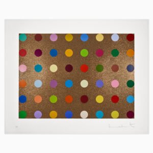 Limited edition Damien Hirst artwork ‘Proctolin (with Bronze Glitter)’ featuring pharmaceutical-style imagery with bronze glitter.