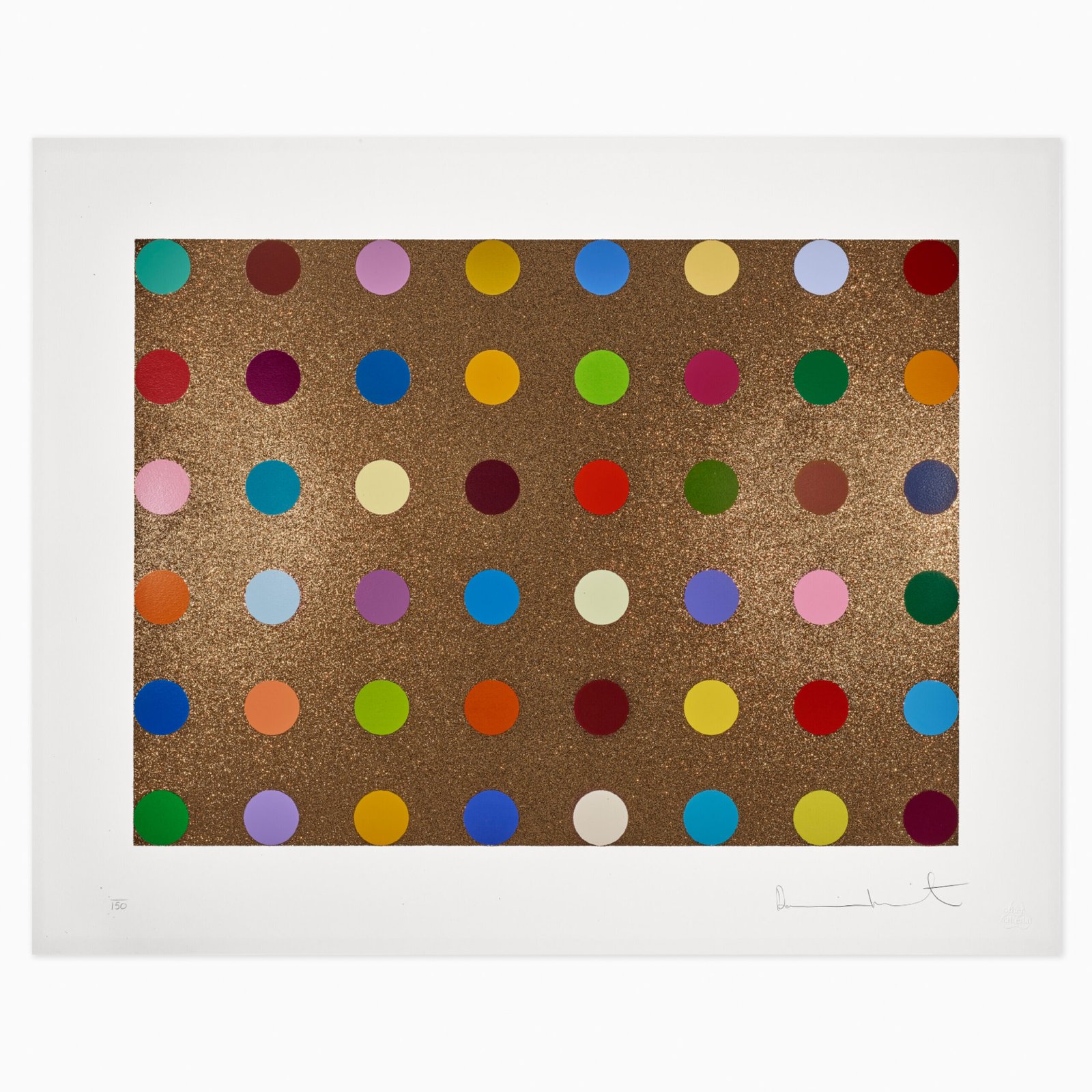 Limited edition Damien Hirst artwork ‘Proctolin (with Bronze Glitter)’ featuring pharmaceutical-style imagery with bronze glitter.