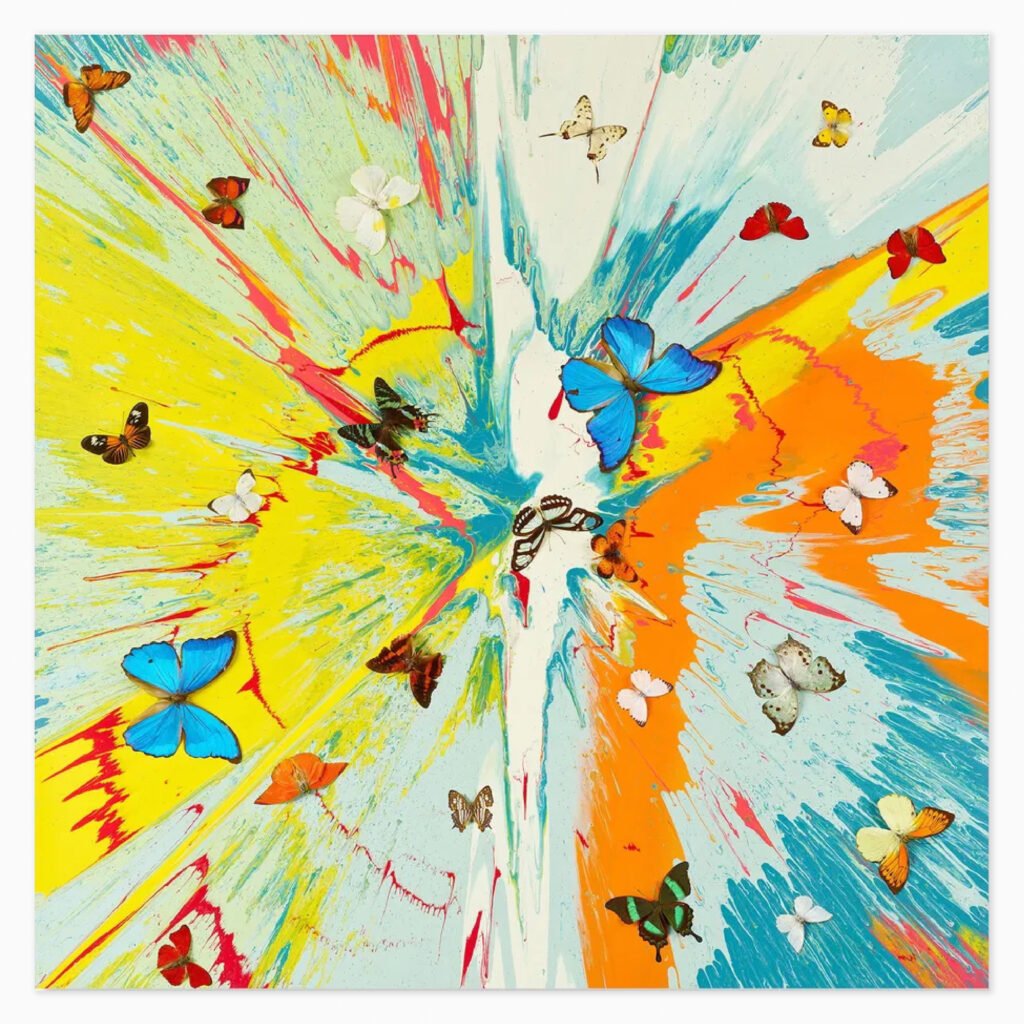 Limited edition Damien Hirst artwork ‘Transient Ephemera (H19-4)’, 2025, featuring vibrant abstract colour and butterflies.