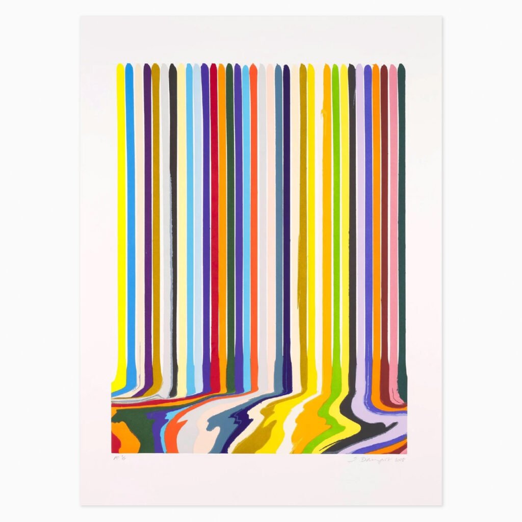 Limited edition Ian Davenport artwork ‘Etched Lines: Thirty-Five’ featuring flowing linear patterns and vibrant colour drips.