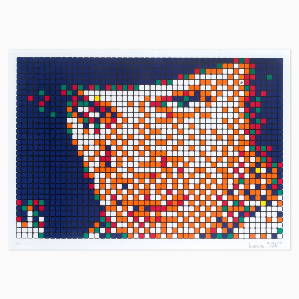 Limited edition Invader artwork ‘Rubik Kubrick’ featuring pixelated mosaic style inspired by video game graphics.