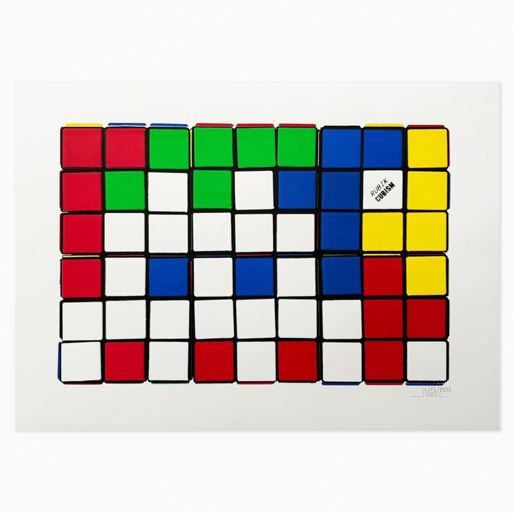 Limited edition Invader artwork ‘Six Cubes (Blue/Yellow)’ featuring pixelated cube motifs in blue and yellow in his signature mosaic style.