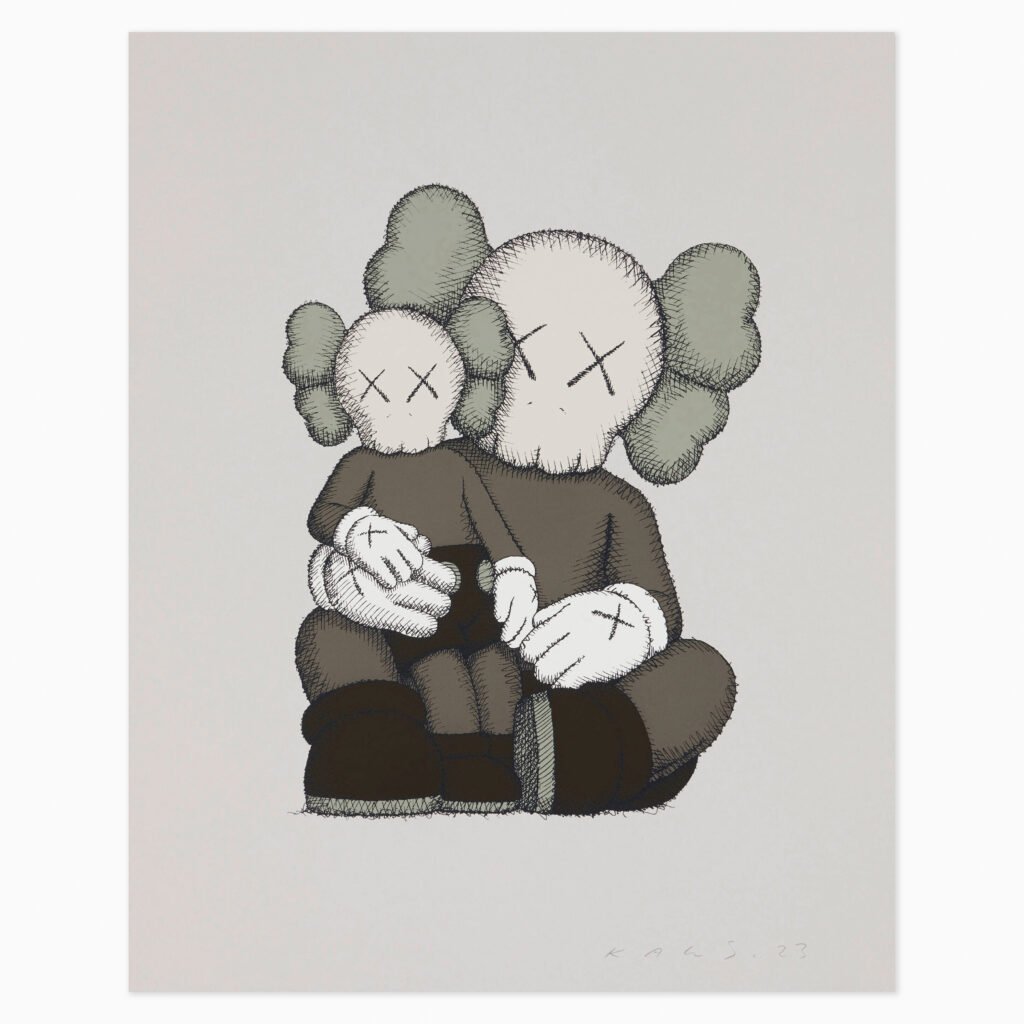 Limited edition KAWS artwork ‘Shelter’ featuring his signature cartoon-like figure in a contemplative pose with bold graphic style.
